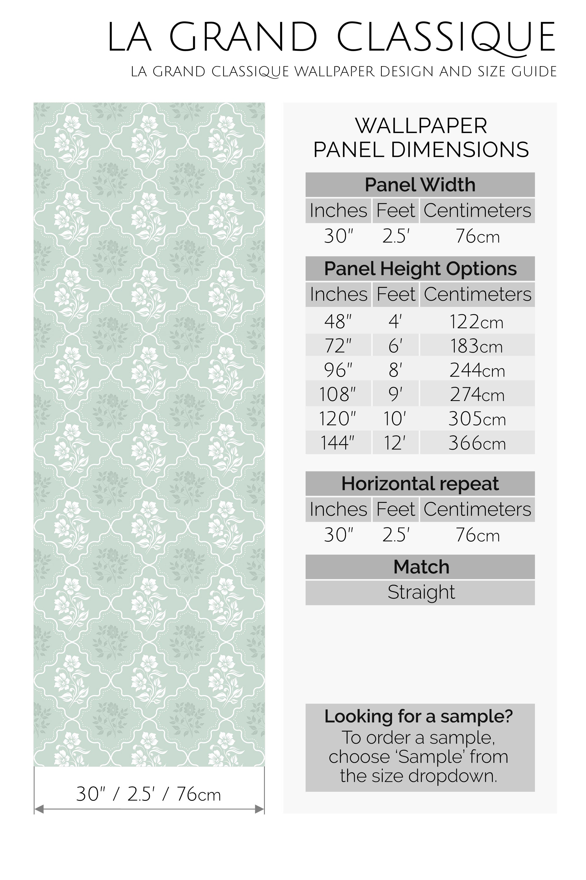 Wallpaper design and size guide with panel dimensions and repeat pattern details.