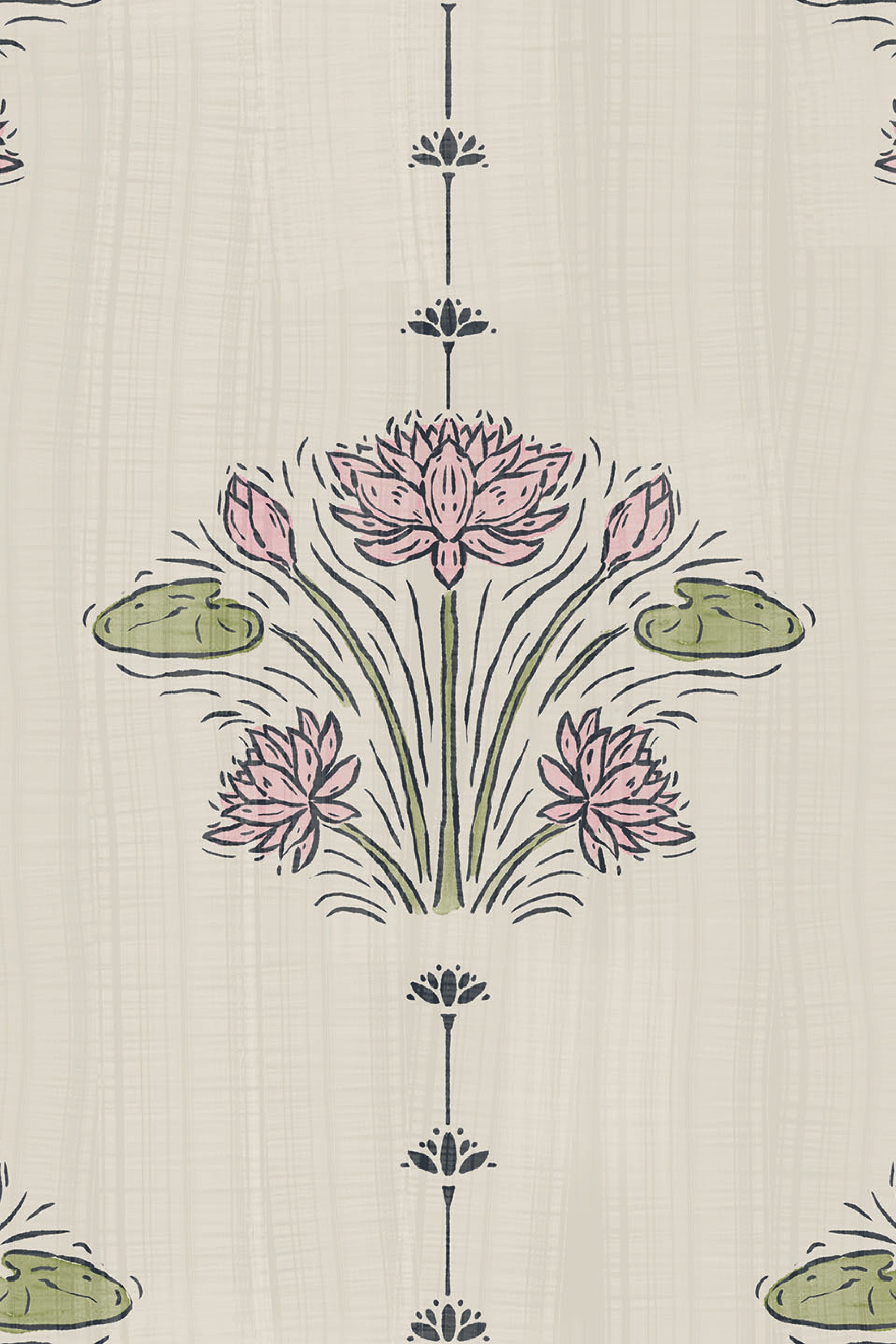 Delicate Lotus Sprigs removable wallpaper featuring pink lotus flowers, green lily pads, and navy stems on a pale green background.