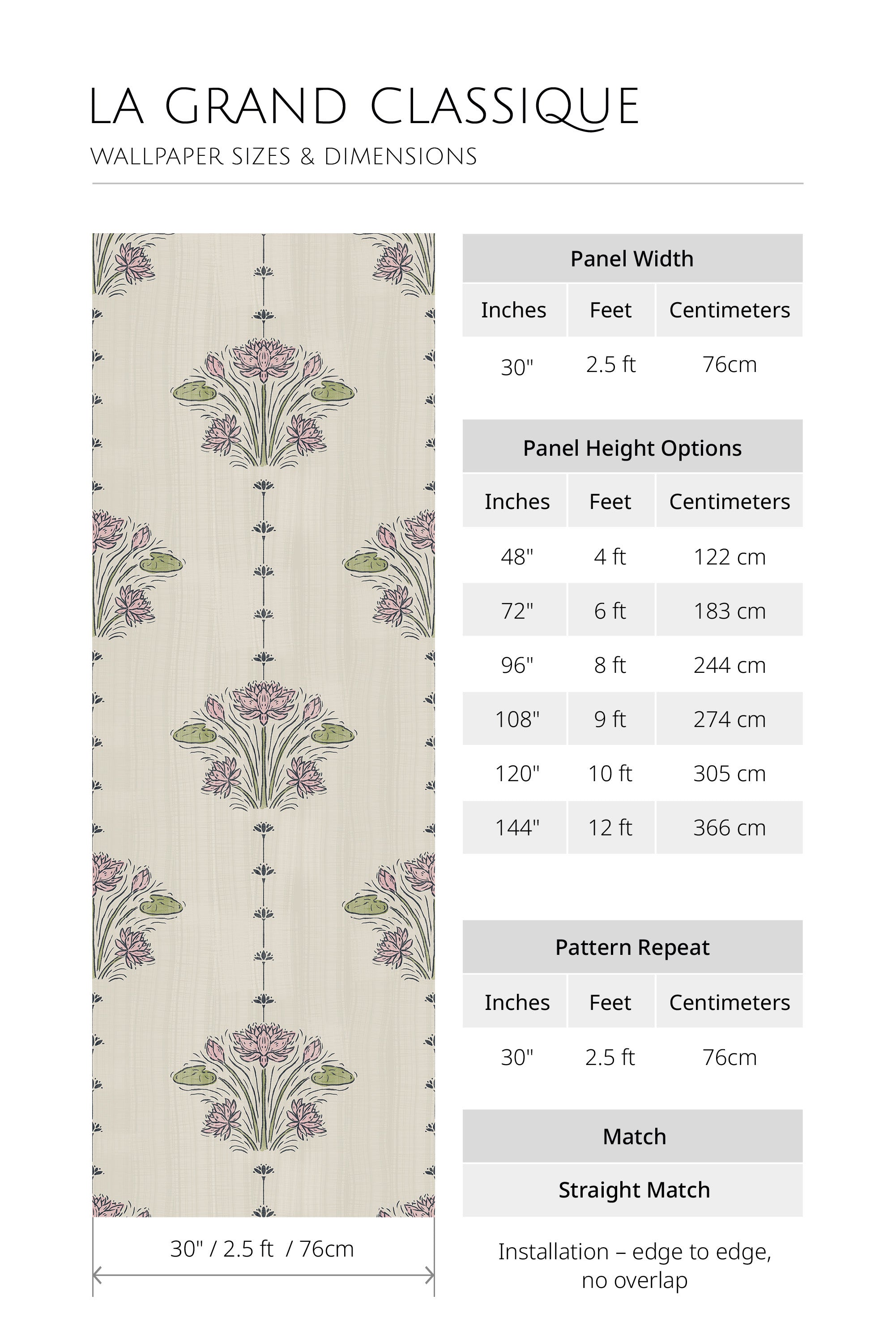 Delicate Lotus Sprigs non-pasted wallpaper size chart with 30 in. panel width and height options 48–144 in.
