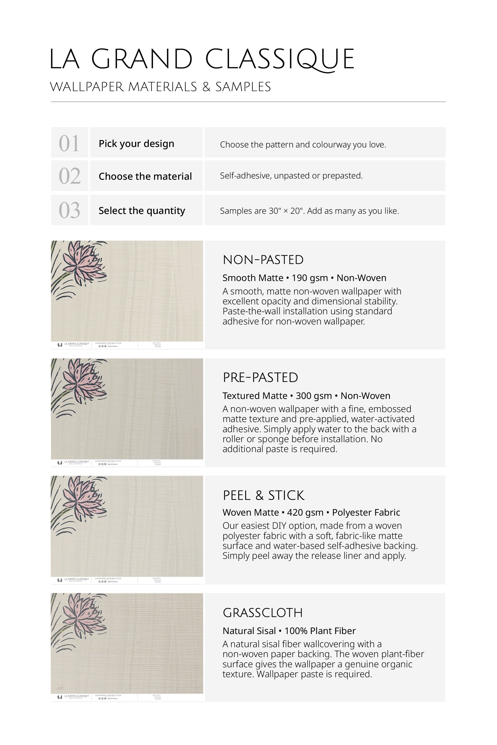 Delicate Lotus Sprigs non pasted wallpaper materials and samples chart showing non-pasted, pre-pasted, peel & stick, grasscloth