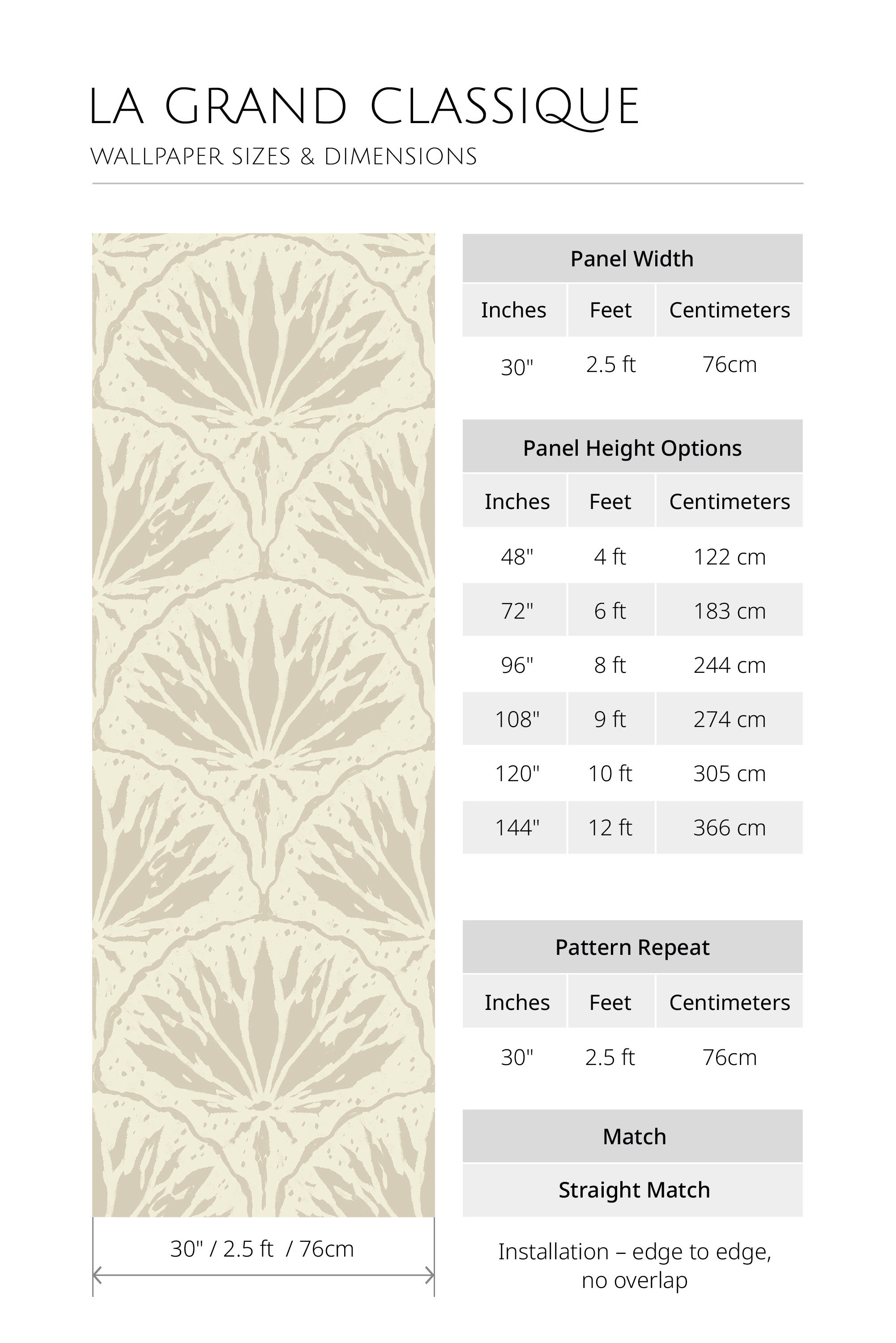 Stylized Lily Bloom non-pasted wallpaper size chart showing 30 in panel width, height options, 30 in repeat, straight match.