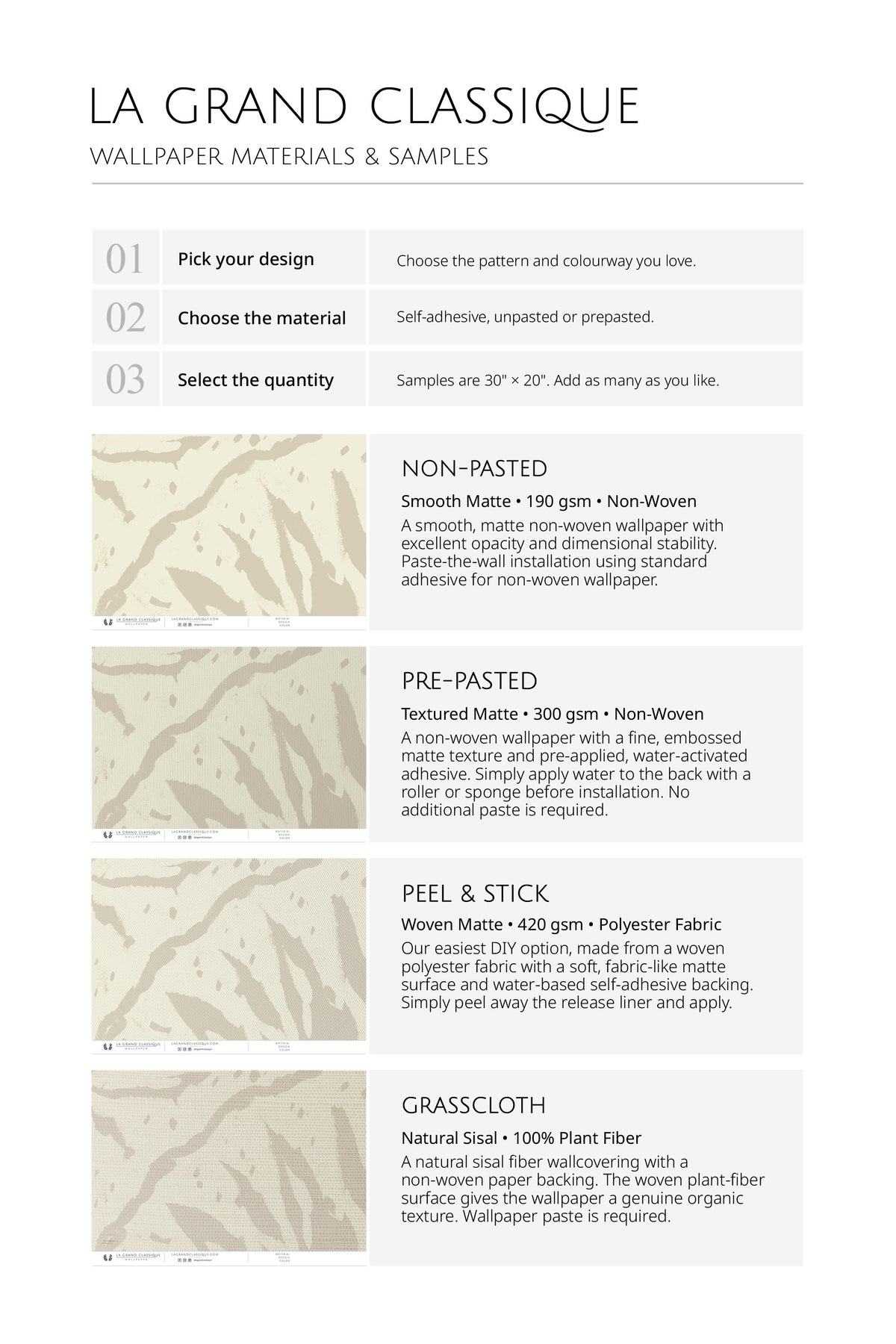 Stylized Lily Bloom wallpaper materials and samples guide comparing non-pasted, pre-pasted, peel and stick, and grasscloth.