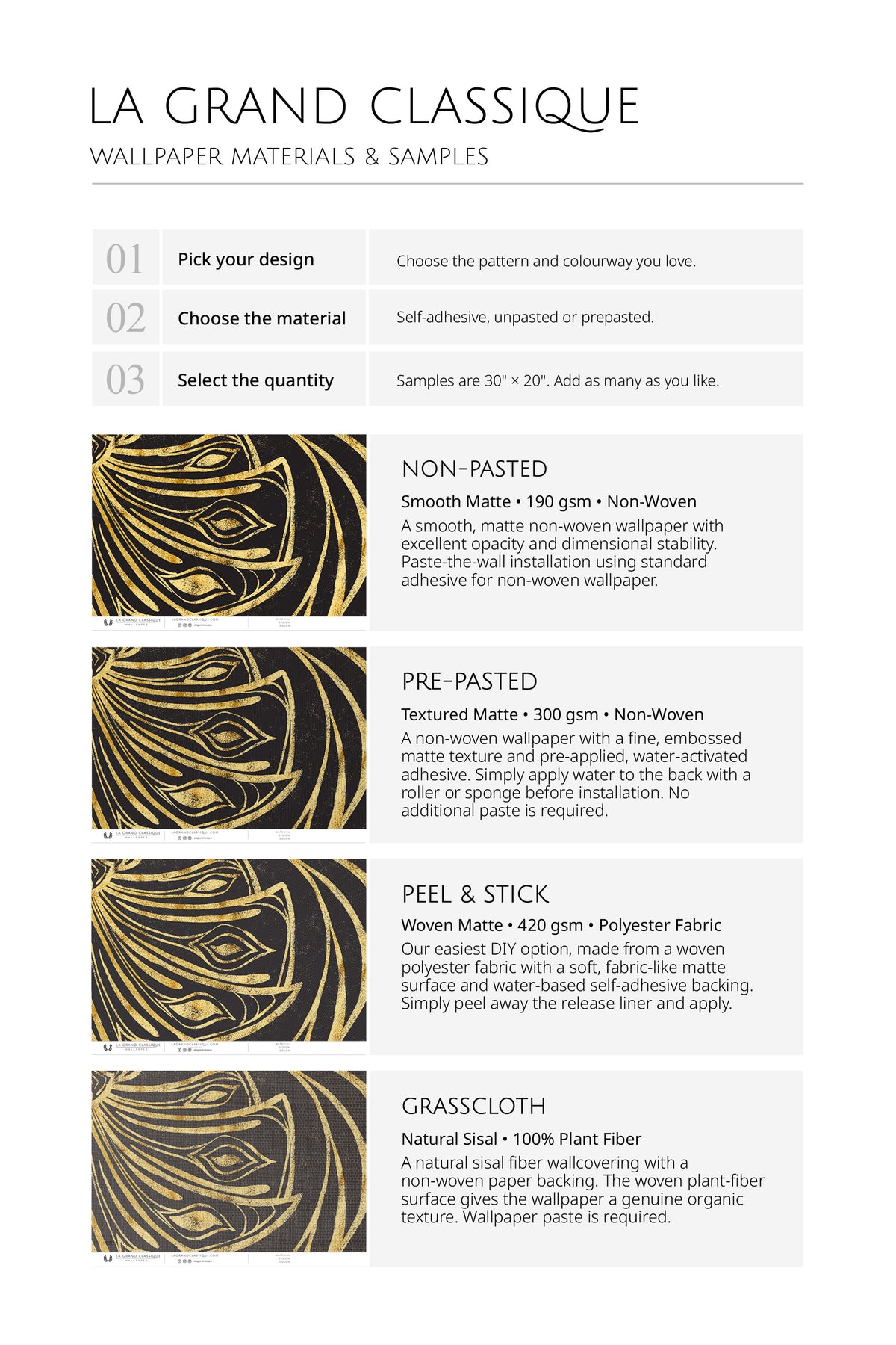 Peacock Damask wallpaper material guide showing sample options: non-pasted, pre-pasted, peel-and-stick, grasscloth.