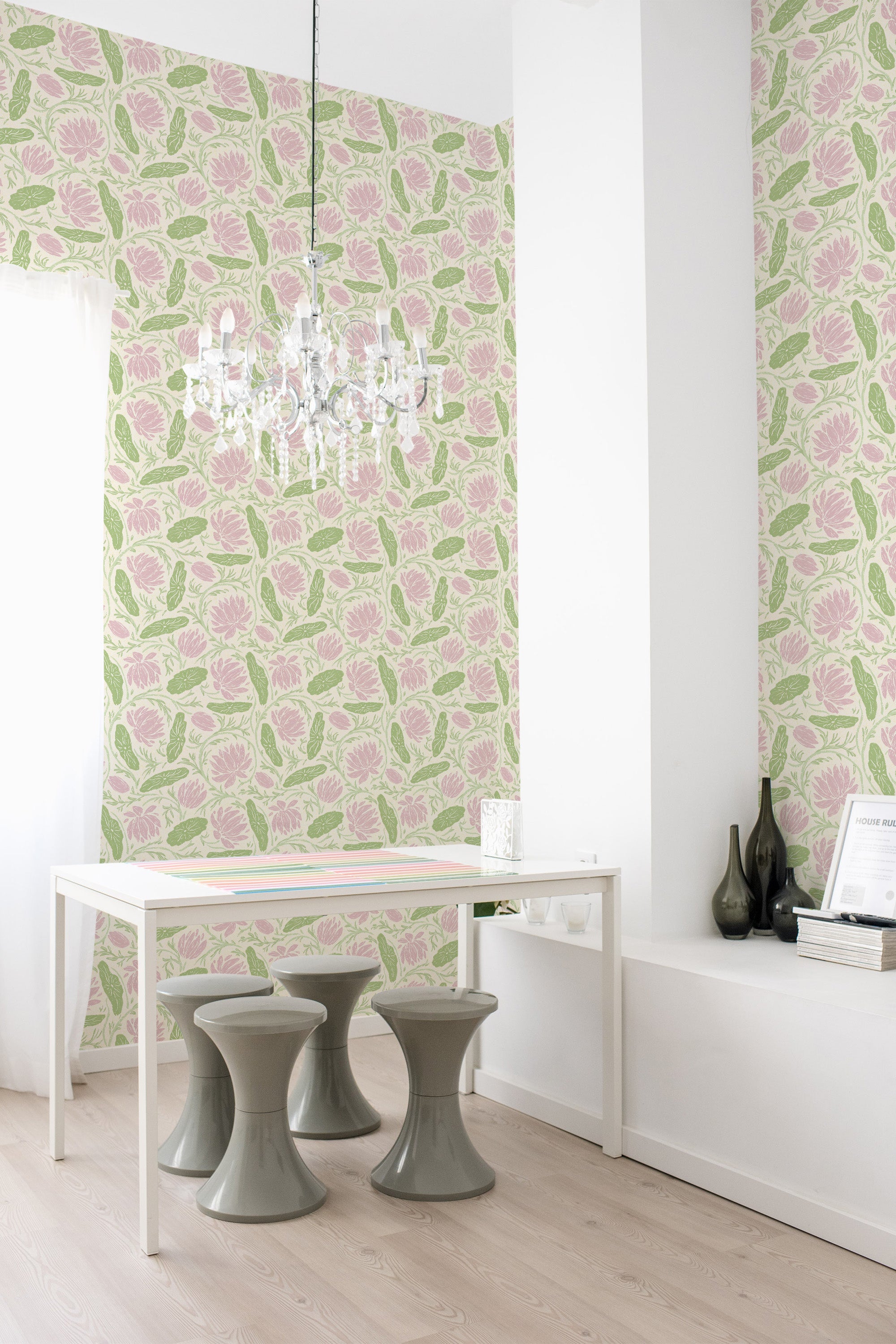 Bold Floral Vines peel and stick wallpaper in a dining room, pink florals and green leaves on light cream.