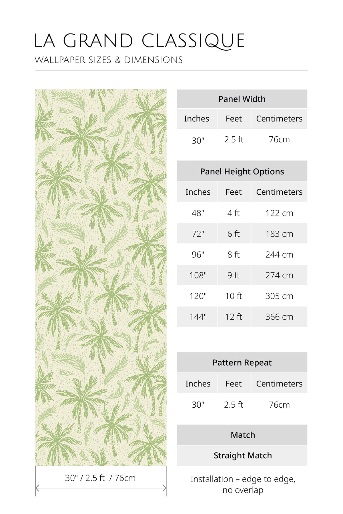 Breezy Palm Grove non-pasted wallpaper dimensions showing 30 in panel width, height options, 30 in repeat, straight match.