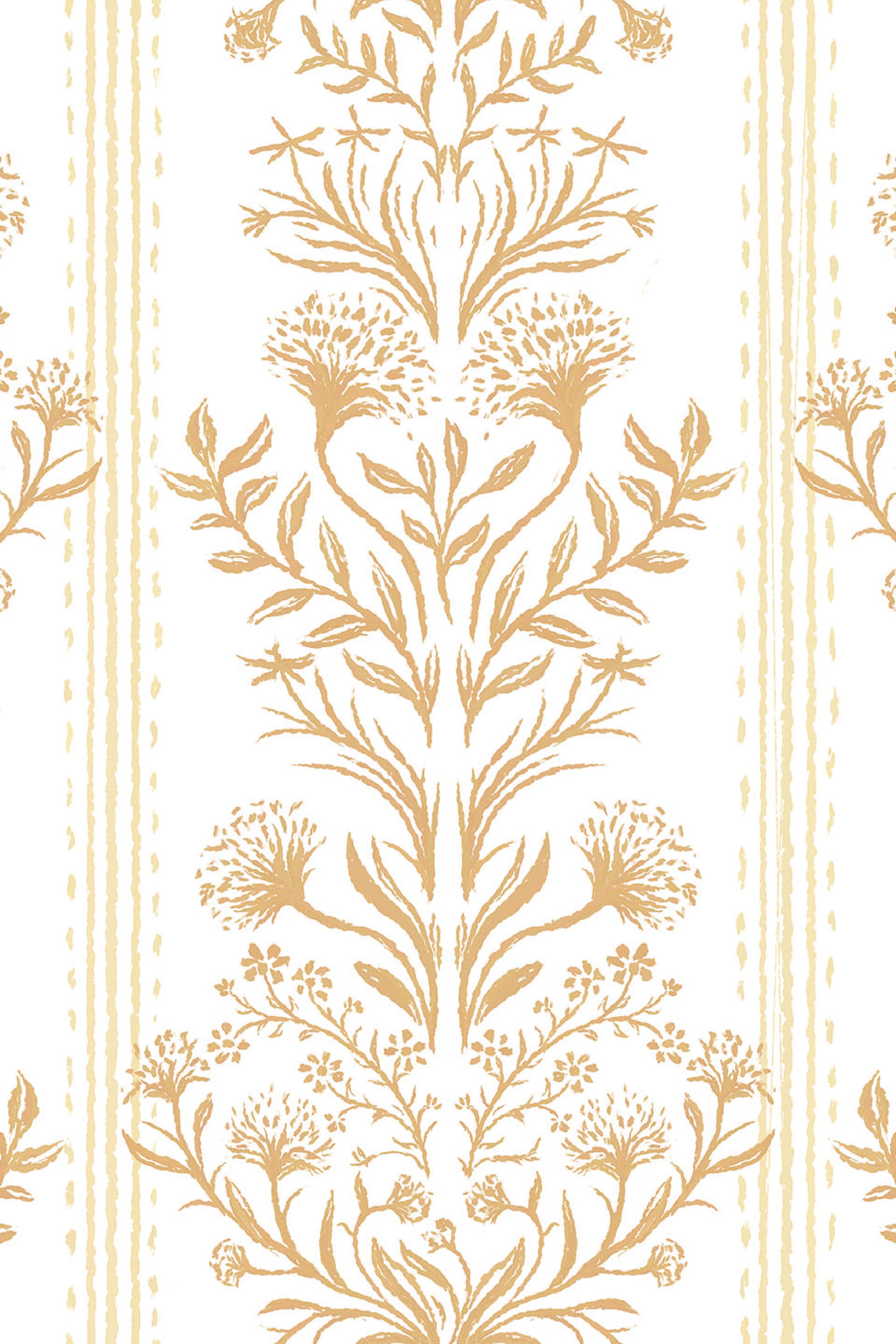 Ornate Damask removable wallpaper pattern with tan botanical damask motifs on white with pale vertical stripes.