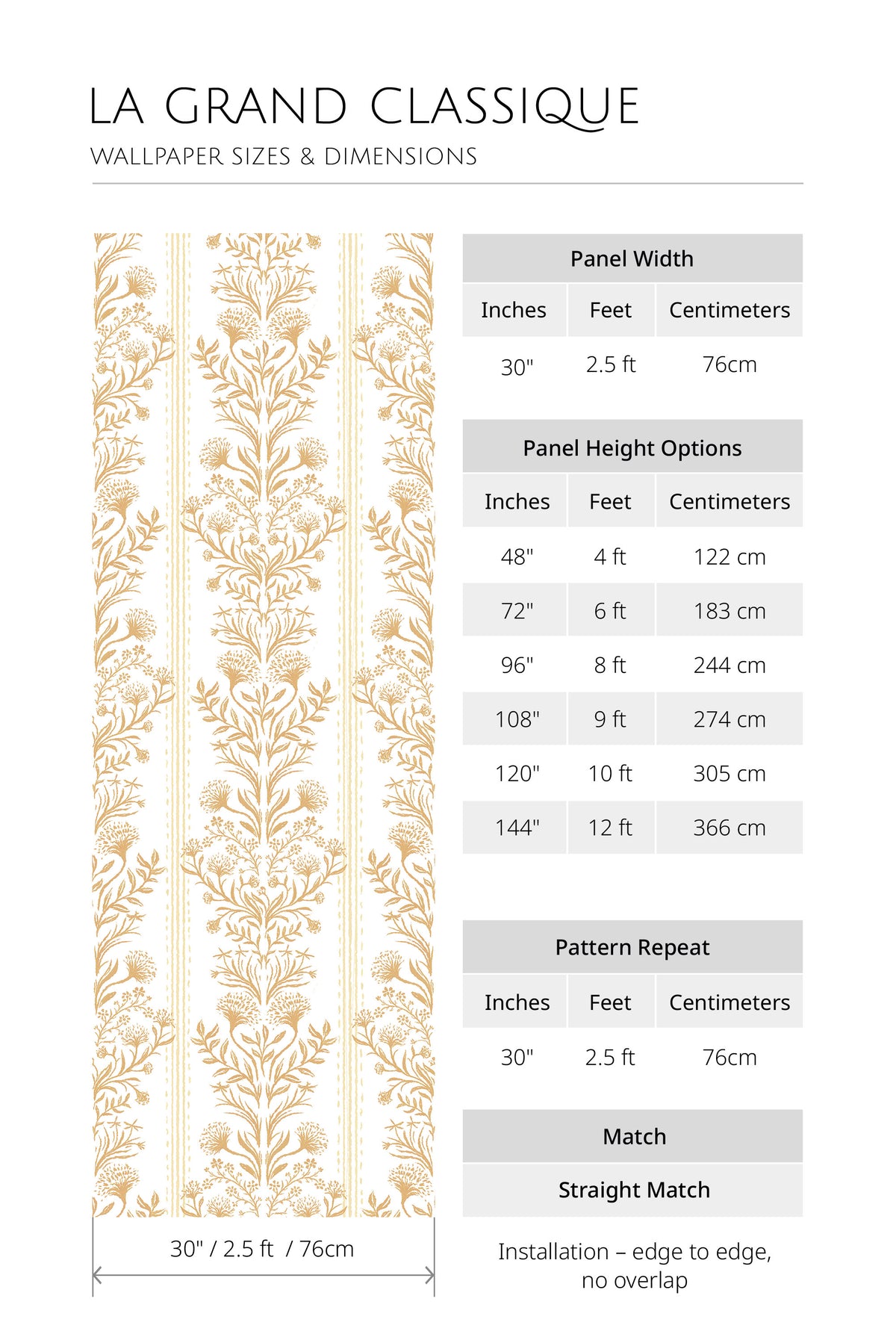 Ornate Damask non-pasted wallpaper sizing chart with 30 in panel width, height options, 30 in repeat, straight match.