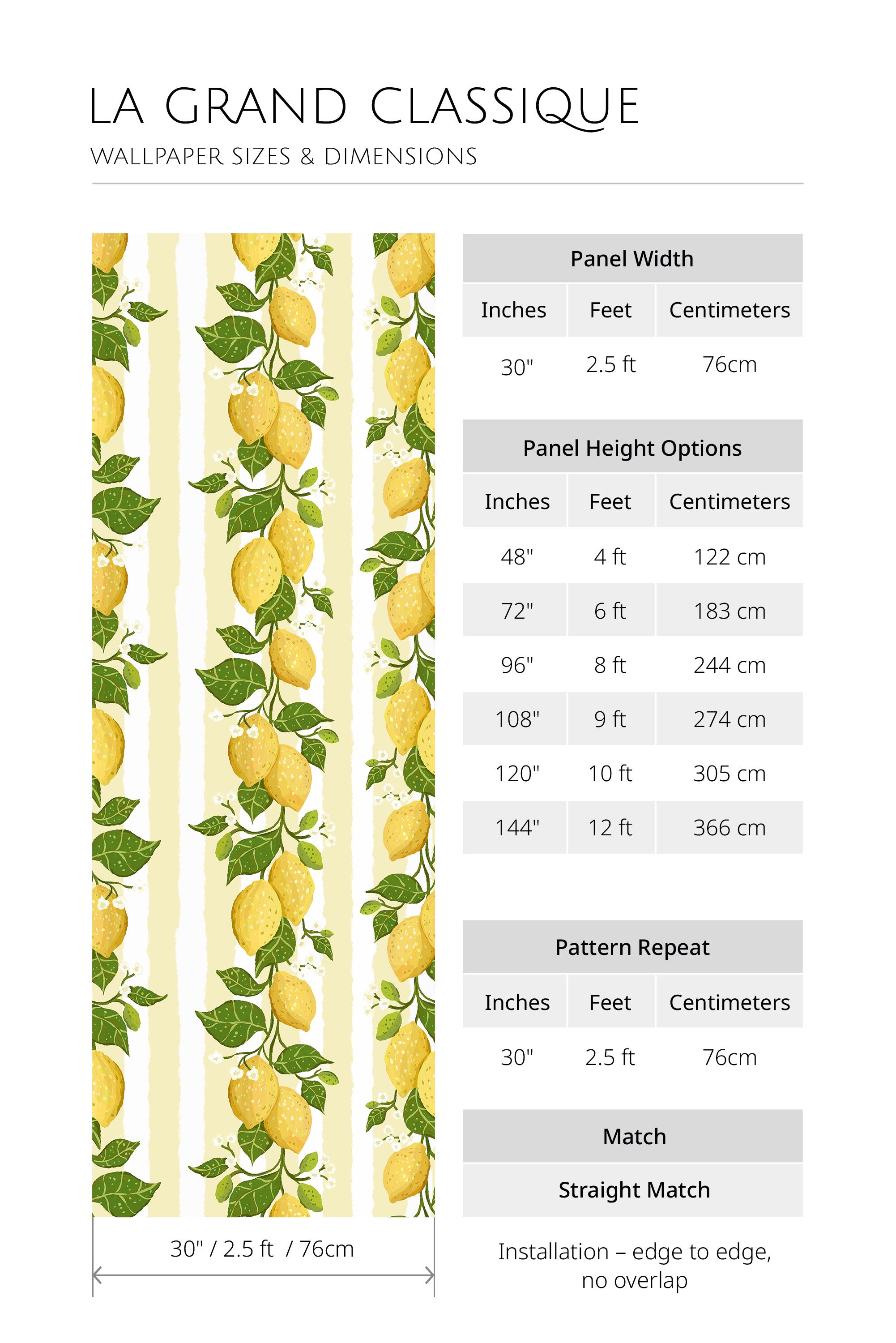 Zesty Lemon Vines non-pasted wallpaper dimensions chart with 30 in panel width, height options, repeat, straight match.