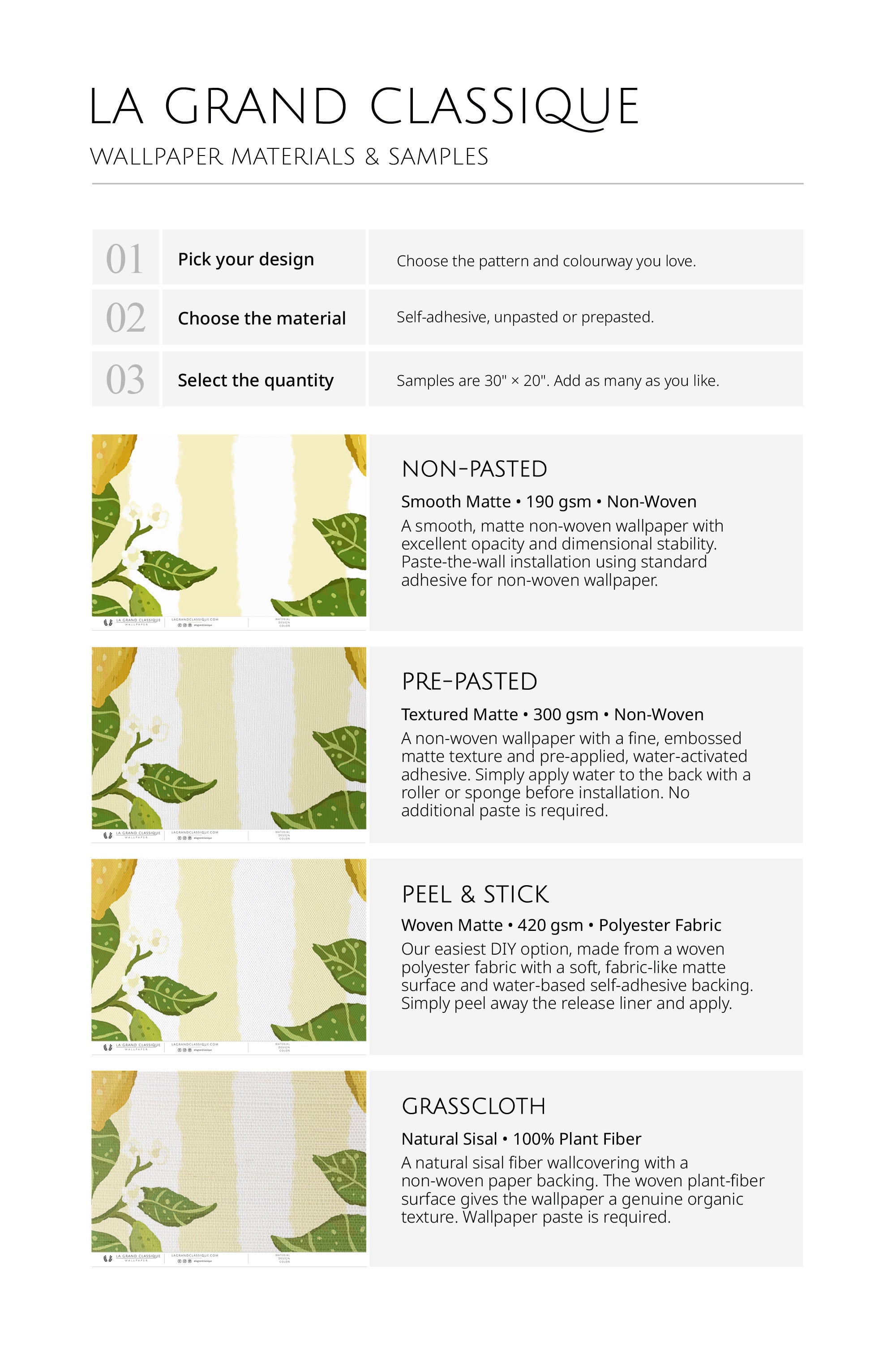Zesty Lemon Vines wallpaper materials and samples guide showing non-pasted, pre-pasted, peel-and-stick, and grasscloth.