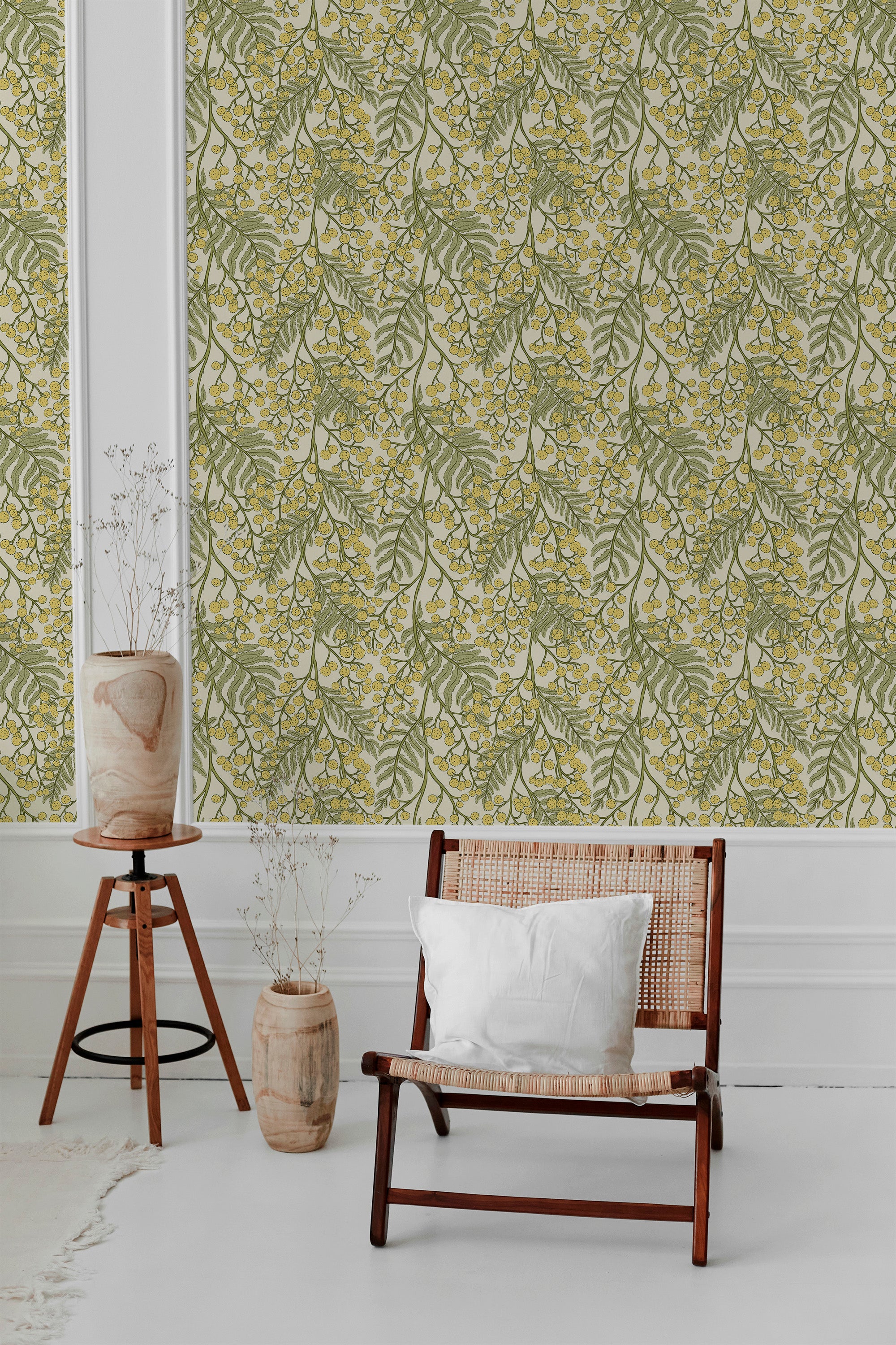 Airy Mimosa Sprigs pre-pasted wallpaper on a bedroom wall, green sprigs with yellow blooms over a light gray ground.