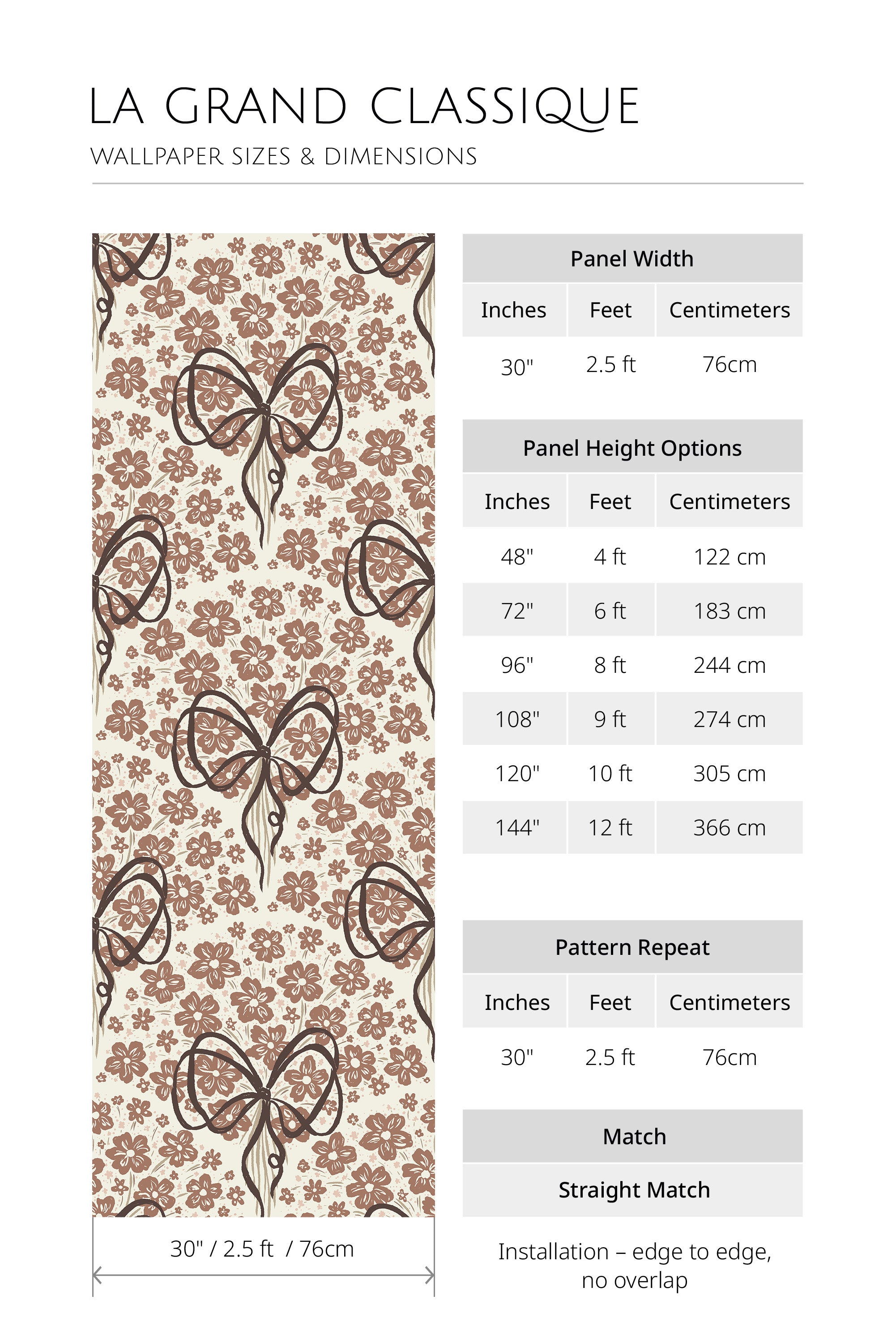 Playful Floral Bows non-pasted wallpaper size chart with 30-inch panel width, height options, 30-inch repeat, straight match.