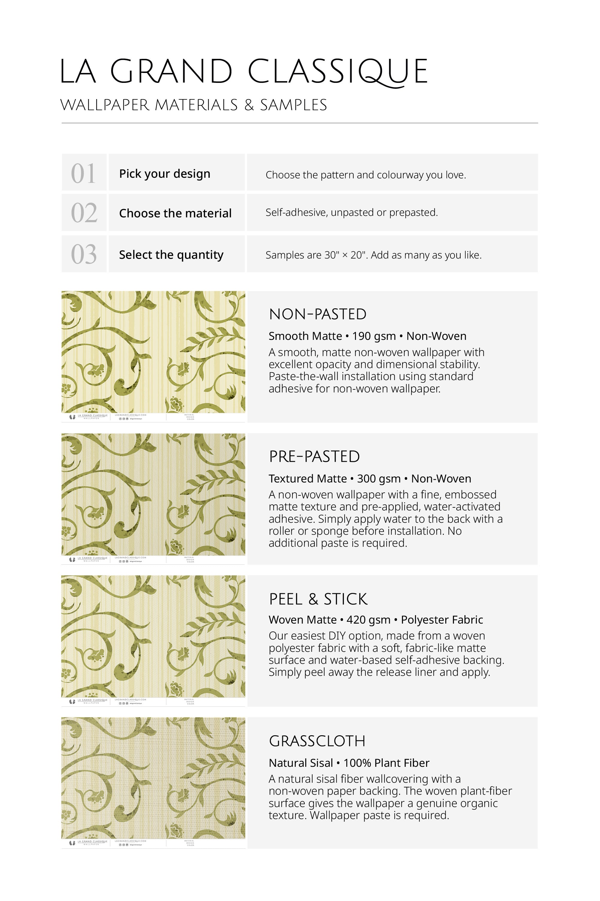 Ornate Vine Damask wallpaper material samples chart comparing non-pasted, pre-pasted, peel and stick, grasscloth.
