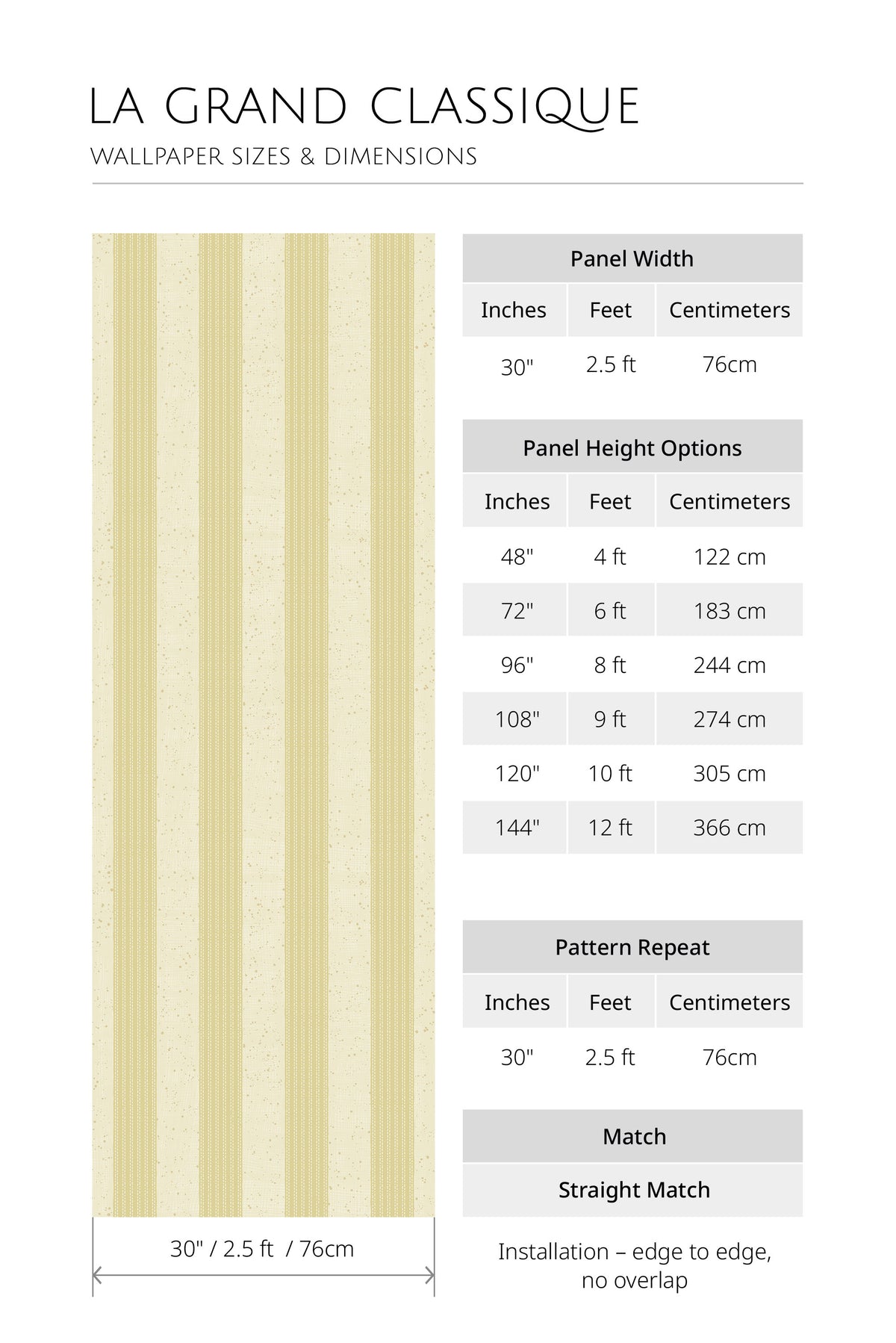 Speckled Stitch Stripe non-pasted wallpaper sizing chart with 30 in. panel width and height options 48–144 in.
