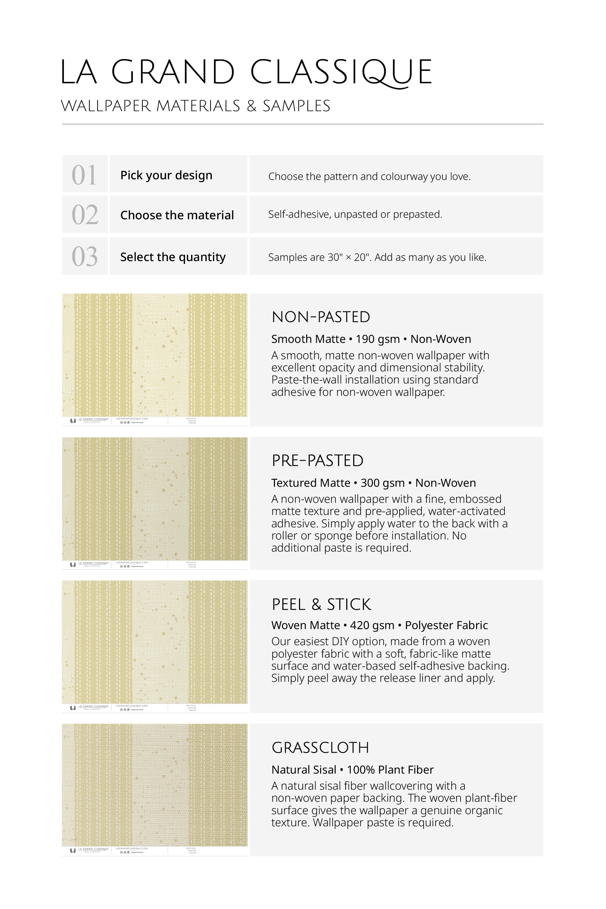 Speckled Stitch Stripe pre-pasted wallpaper material guide showing sample panels and finish options chart.