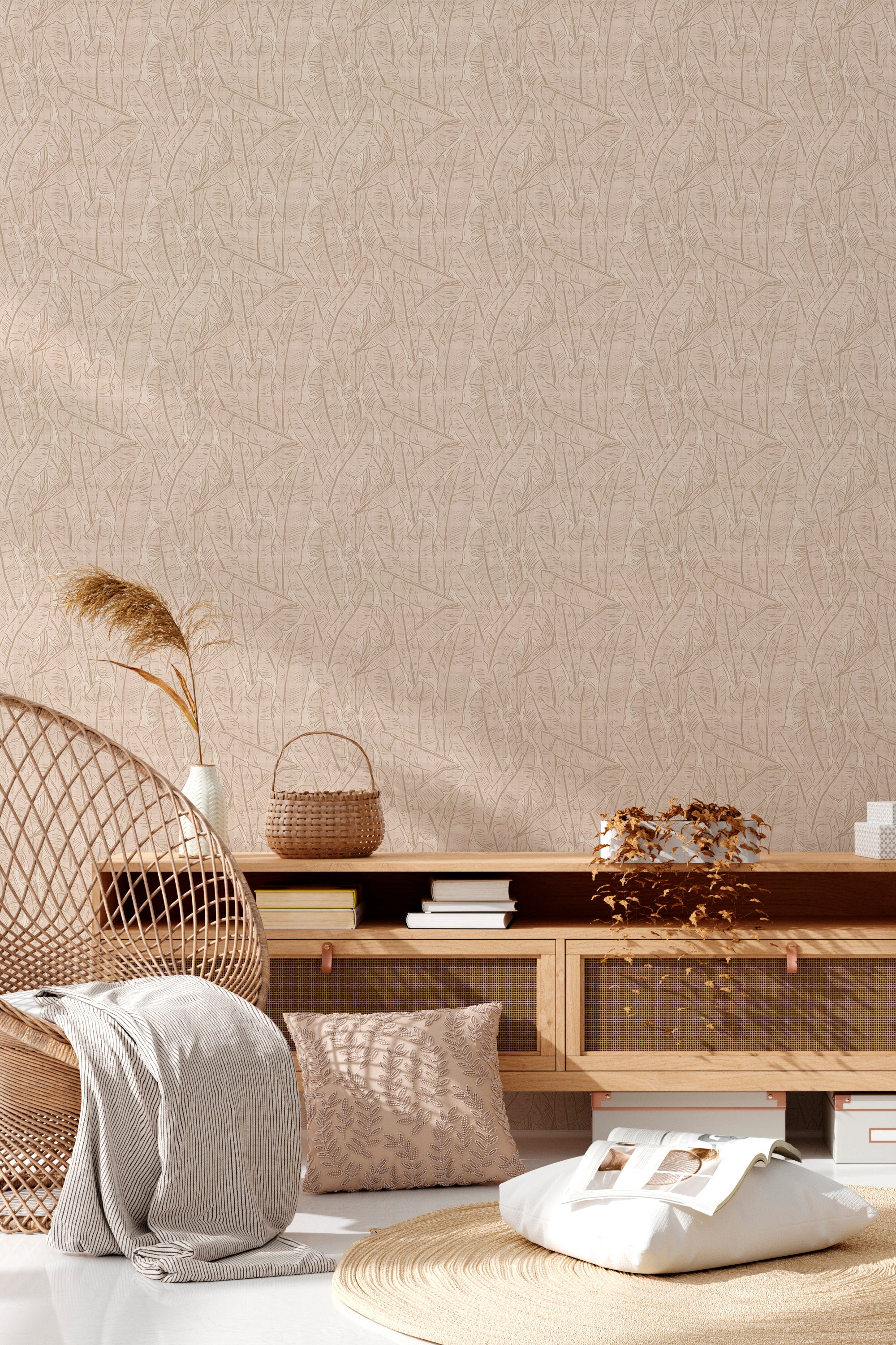 Tropical Sketch pre-pasted wallpaper on a styled interior wall with tan palm leaf outlines on a light beige ground.
