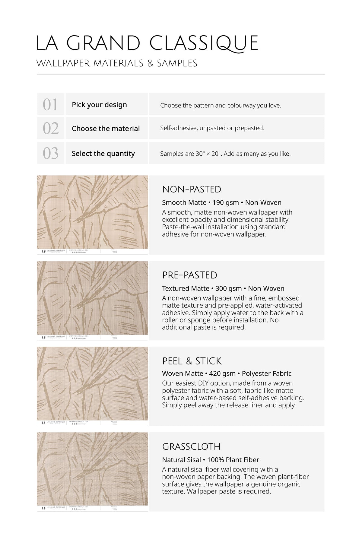 Tropical Sketch wallpaper materials and samples guide comparing non-pasted, pre-pasted, peel-and-stick, and grasscloth.