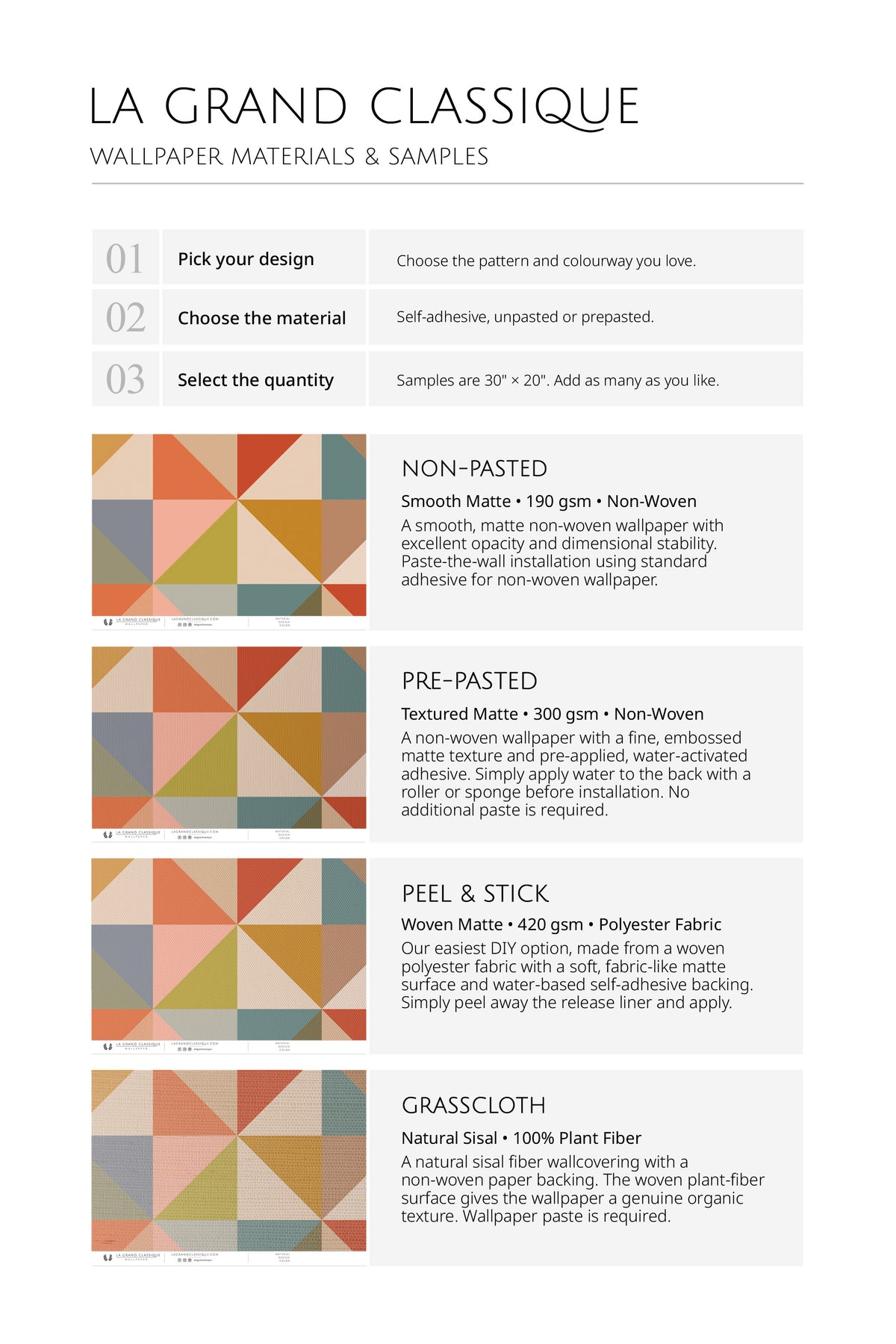 Boho Triangle Tiles wallpaper material options chart comparing non-pasted, pre-pasted, peel & stick, grasscloth.