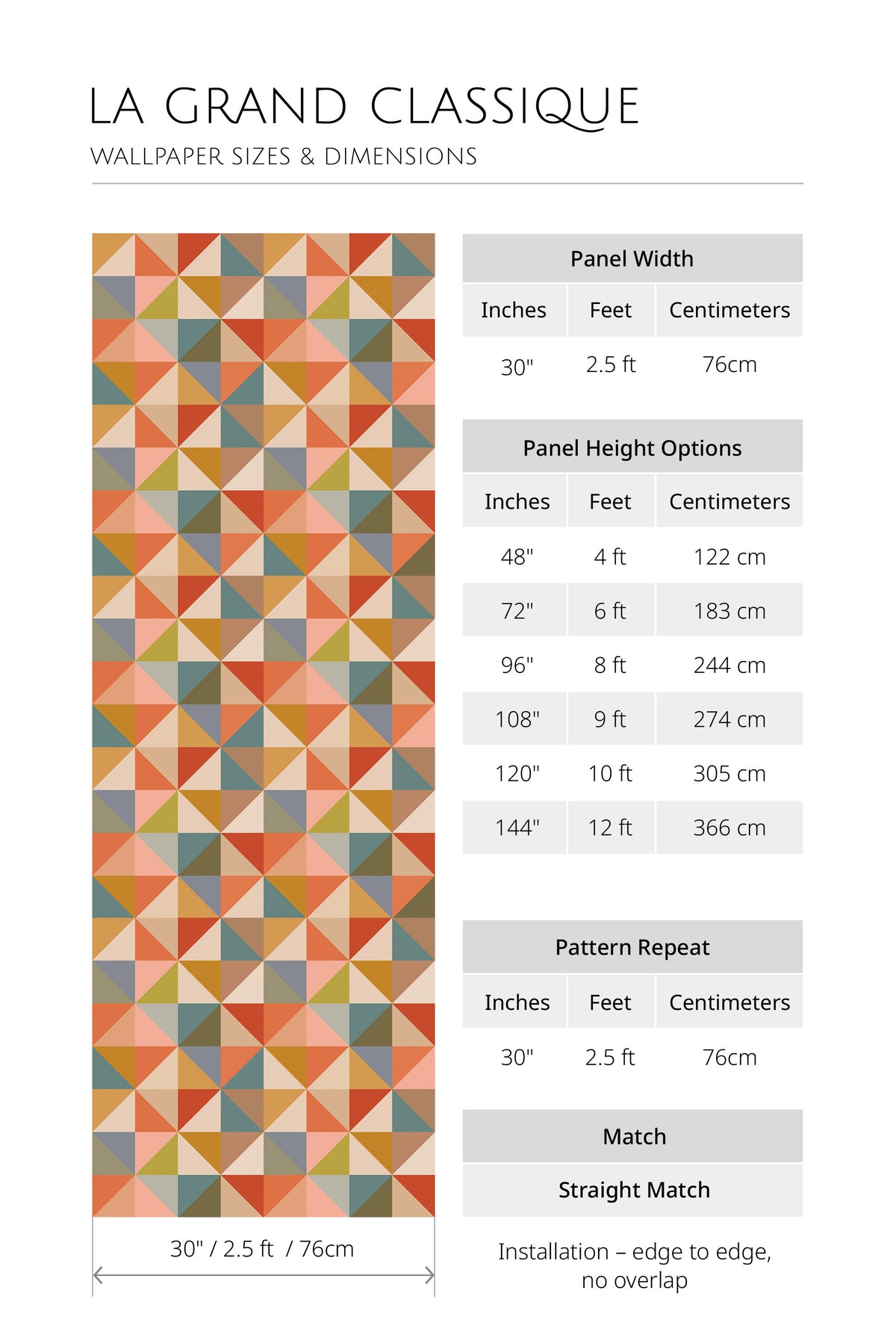 Boho Triangle Tiles non-pasted wallpaper panel width 30 in and height options 48–144 in; straight match.