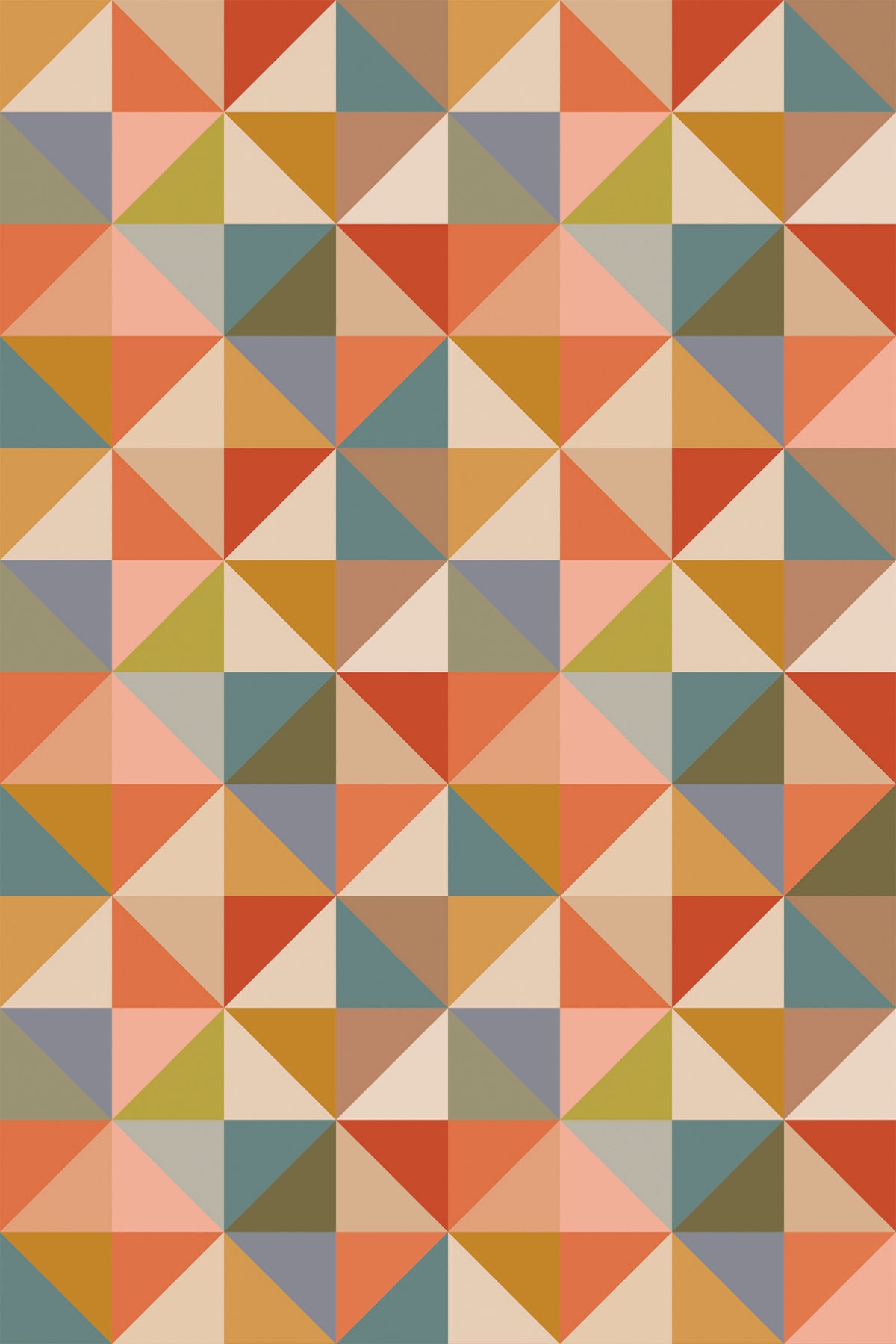 Boho Triangle Tiles removable wallpaper with repeating triangle tile pattern in muted coral, teal, mustard, and beige.