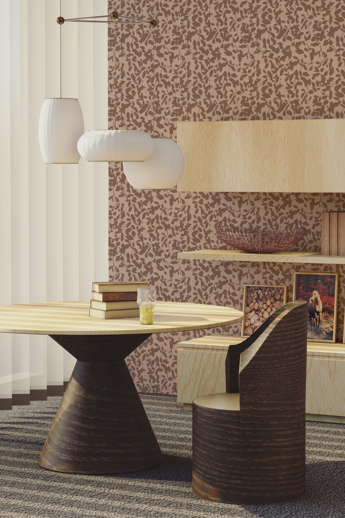Rustic Leaf Silhouettes peel and stick wallpaper on a living room accent wall with brown leaf motifs on taupe.