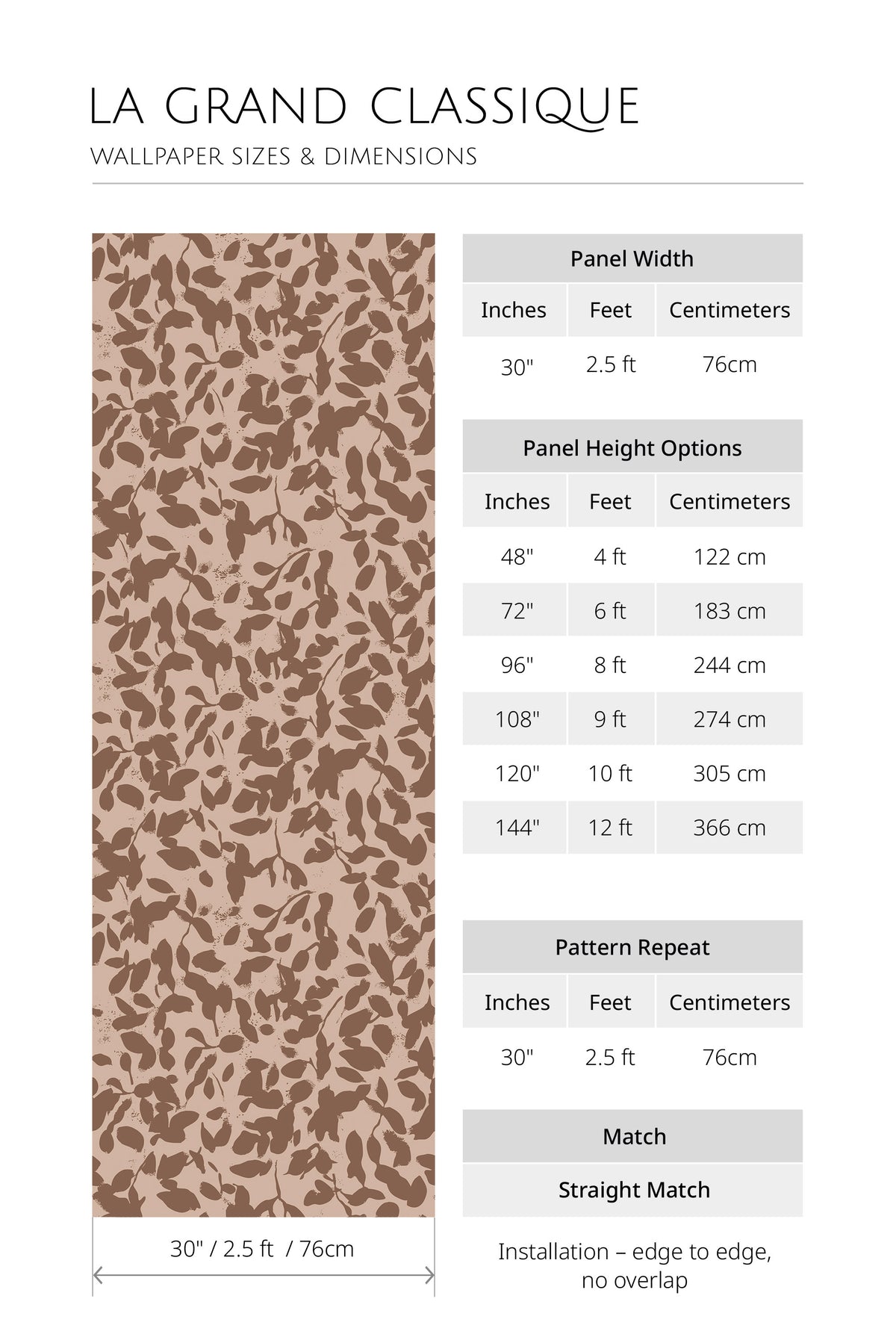 Rustic Leaf Silhouettes non-pasted wallpaper sizes and dimensions chart with 30 in panel width, straight match.