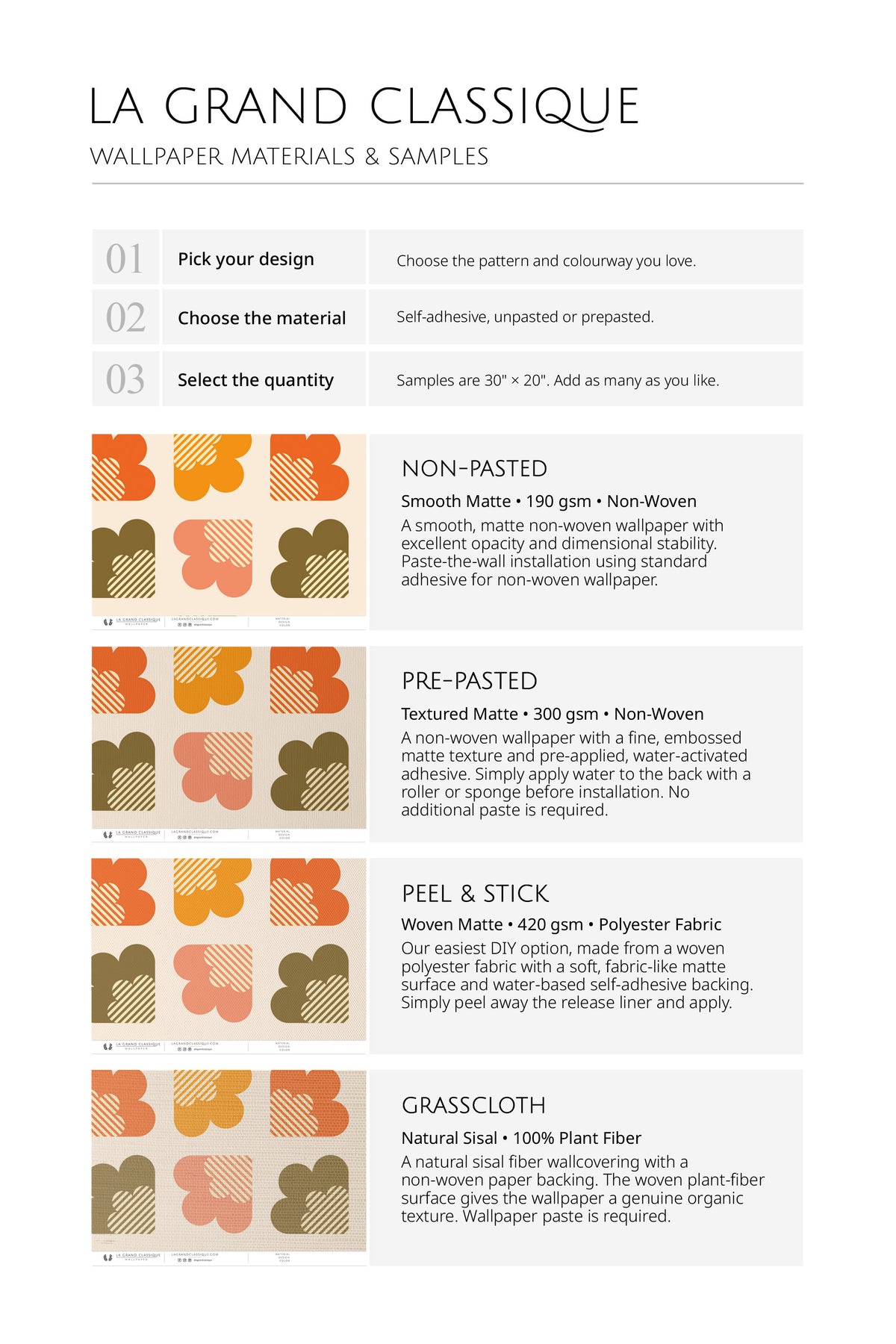 Marigold Tile wallpaper material samples showing non-pasted, pre-pasted, peel-and-stick, and grasscloth.