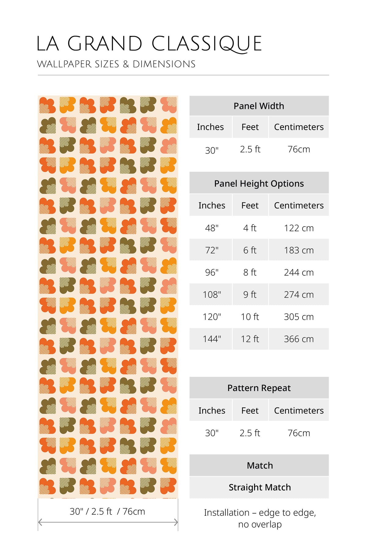 Marigold Tile non-pasted wallpaper sizing chart showing 30 in panel width and height options, straight match.