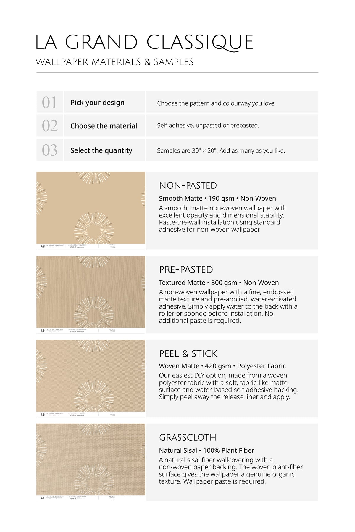Sunburst Dots wallpaper material samples showing non-pasted, pre-pasted, peel-and-stick, and grasscloth options.