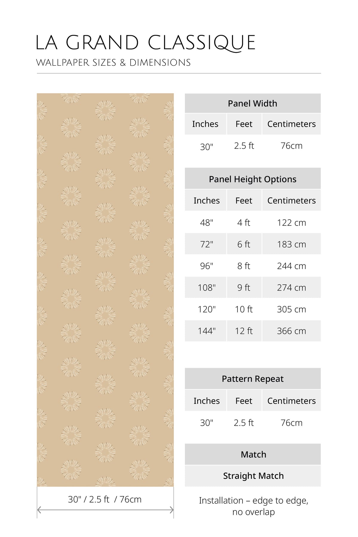 Sunburst Dots pre-pasted wallpaper panel size chart showing 30 in width and 48–144 in height options, straight match.
