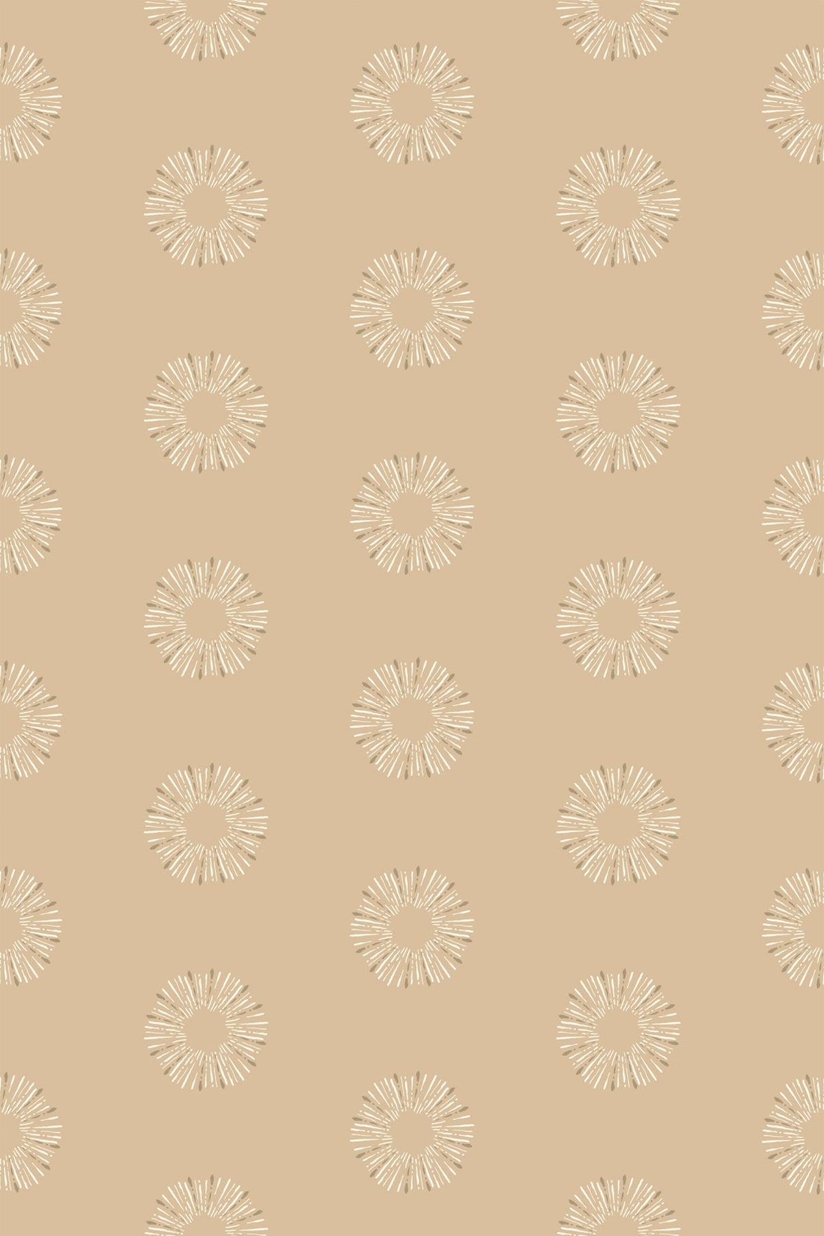 Sunburst Dots grasscloth wallpaper with white sunburst circles scattered on a tan background.
