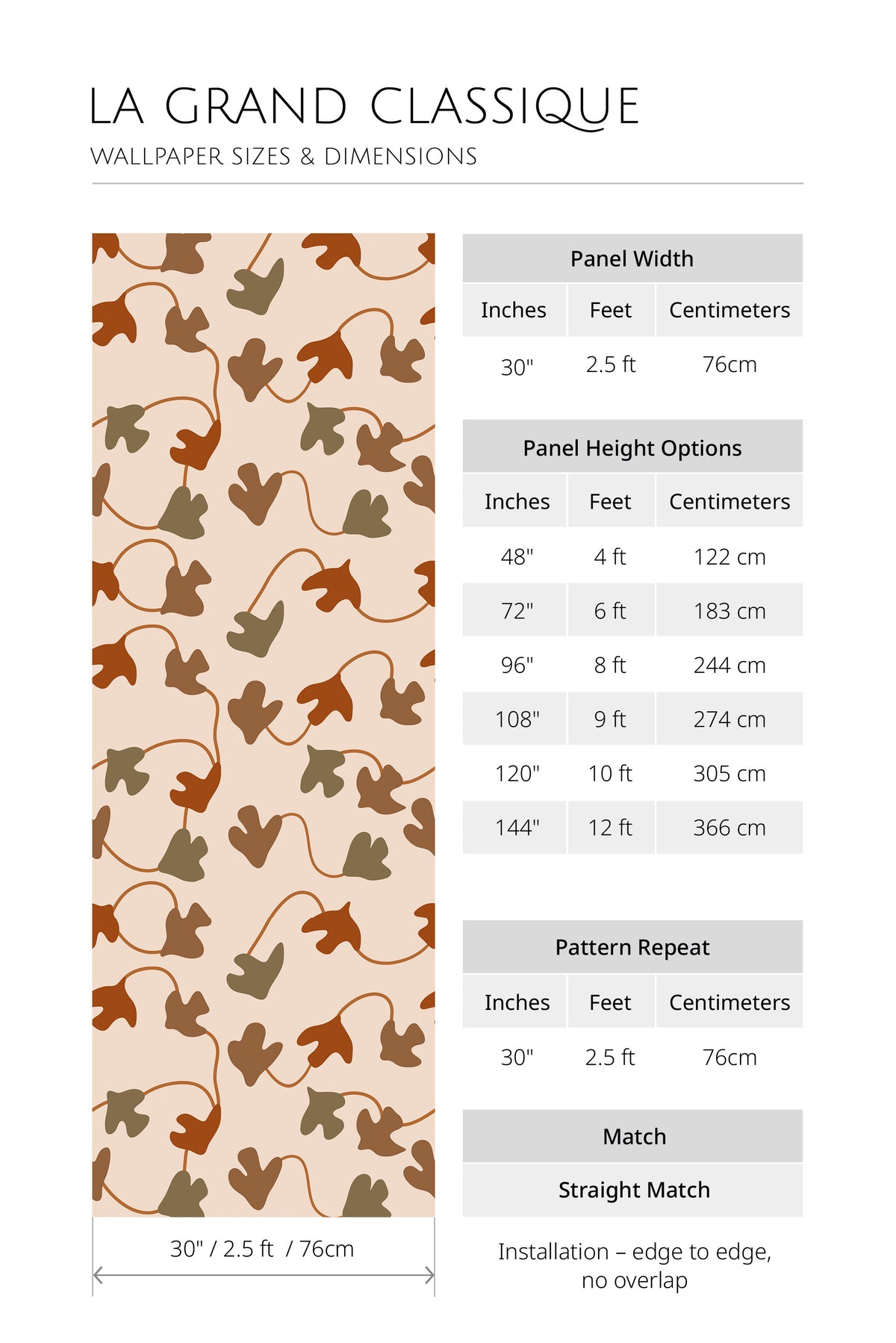Organic Ivy Leaves wallpaper size chart showing 30 in. panel width, height options 48–144 in., repeat 30 in.