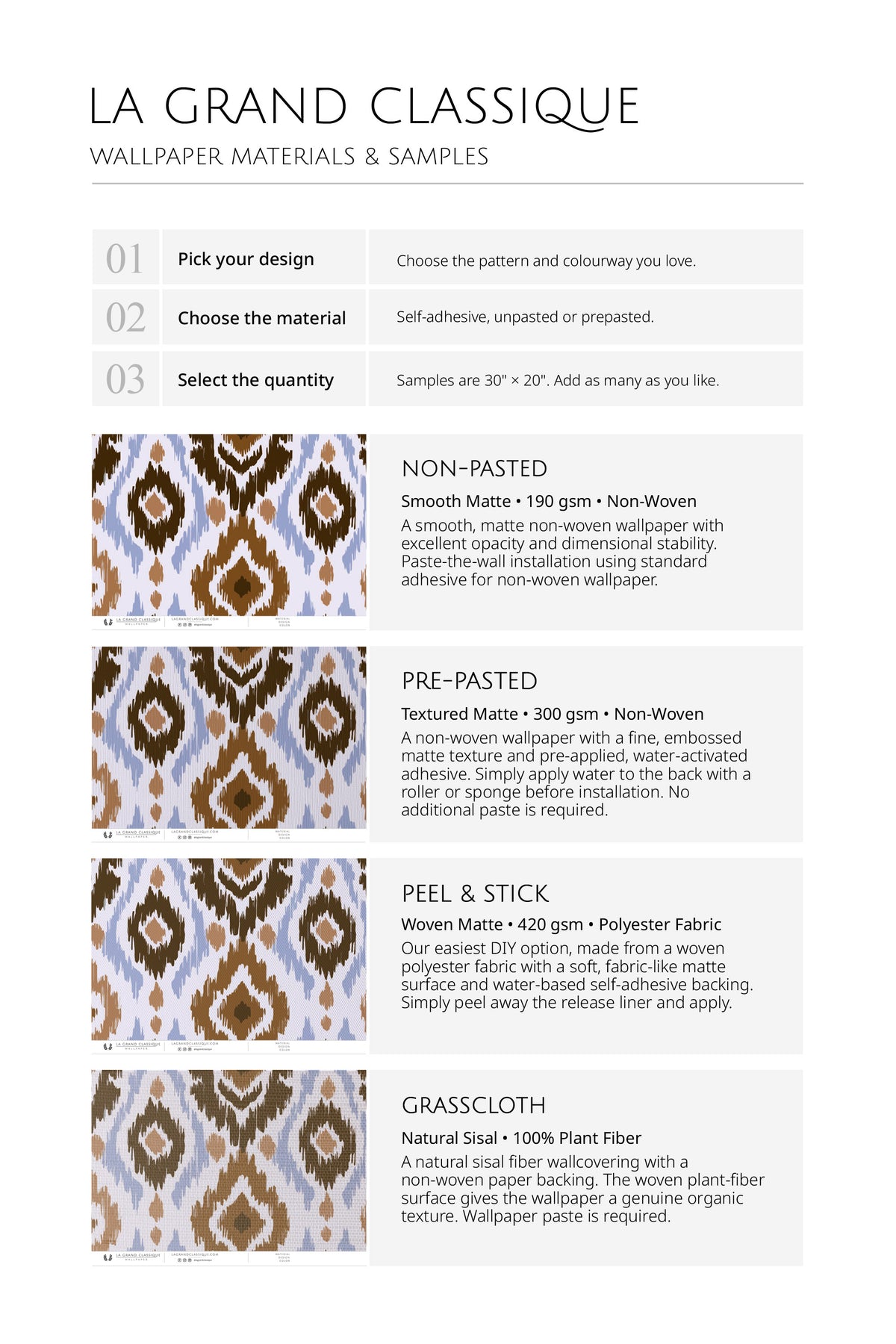 Bold Ikat Medallions wallpaper material samples chart comparing non-pasted, pre-pasted, peel & stick, and grasscloth.