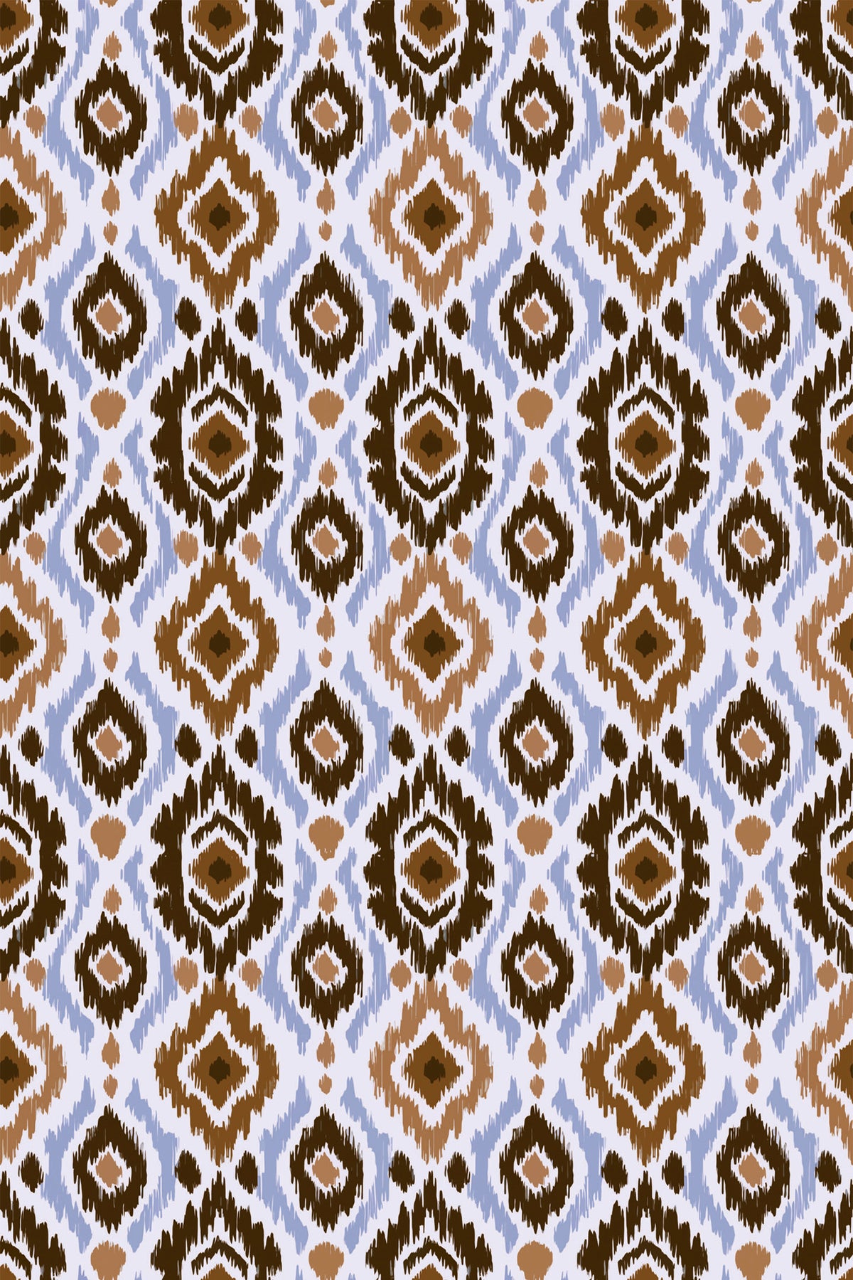 Bold Ikat Medallions removable wallpaper with a large ikat medallion repeat in brown and tan on a pale blue background.