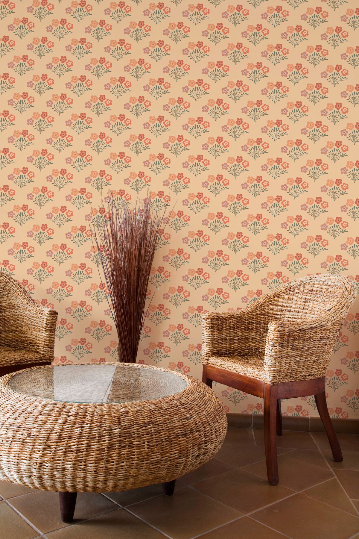 Playful Floral Bouquets grasscloth wallpaper on an accent wall with small pink and orange floral repeats on tan.