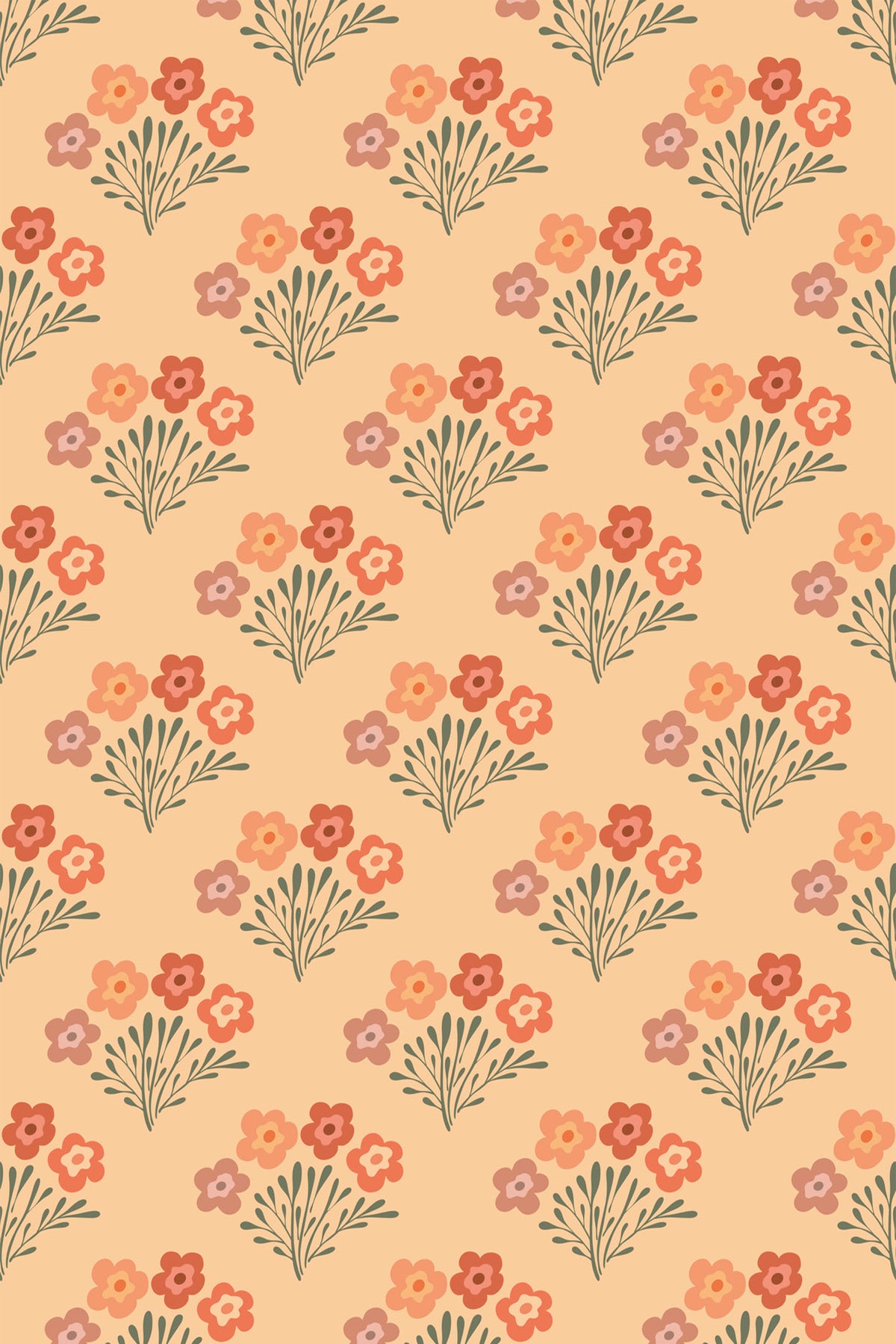 Playful Floral Bouquets removable wallpaper with small pink and coral flower clusters and green sprigs on peach.