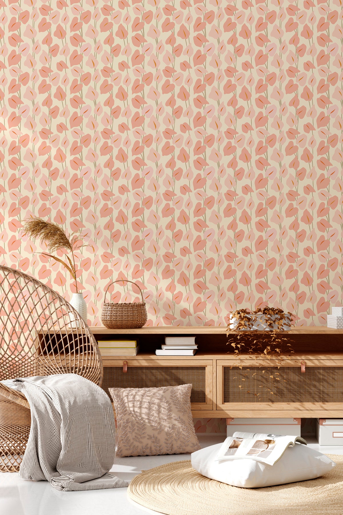 Playful Calla Lilies grasscloth wallpaper on an interior wall, repeating pink calla lily pattern on beige.