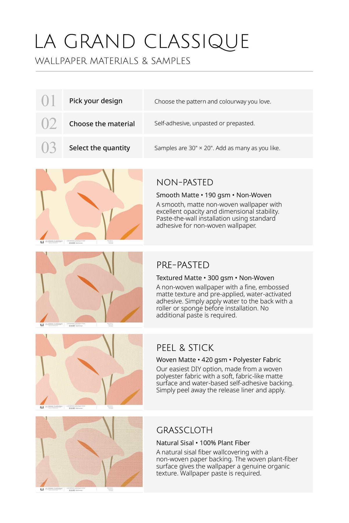 Playful Calla Lilies wallpaper materials and samples guide showing non-pasted, pre-pasted, peel & stick, grasscloth.