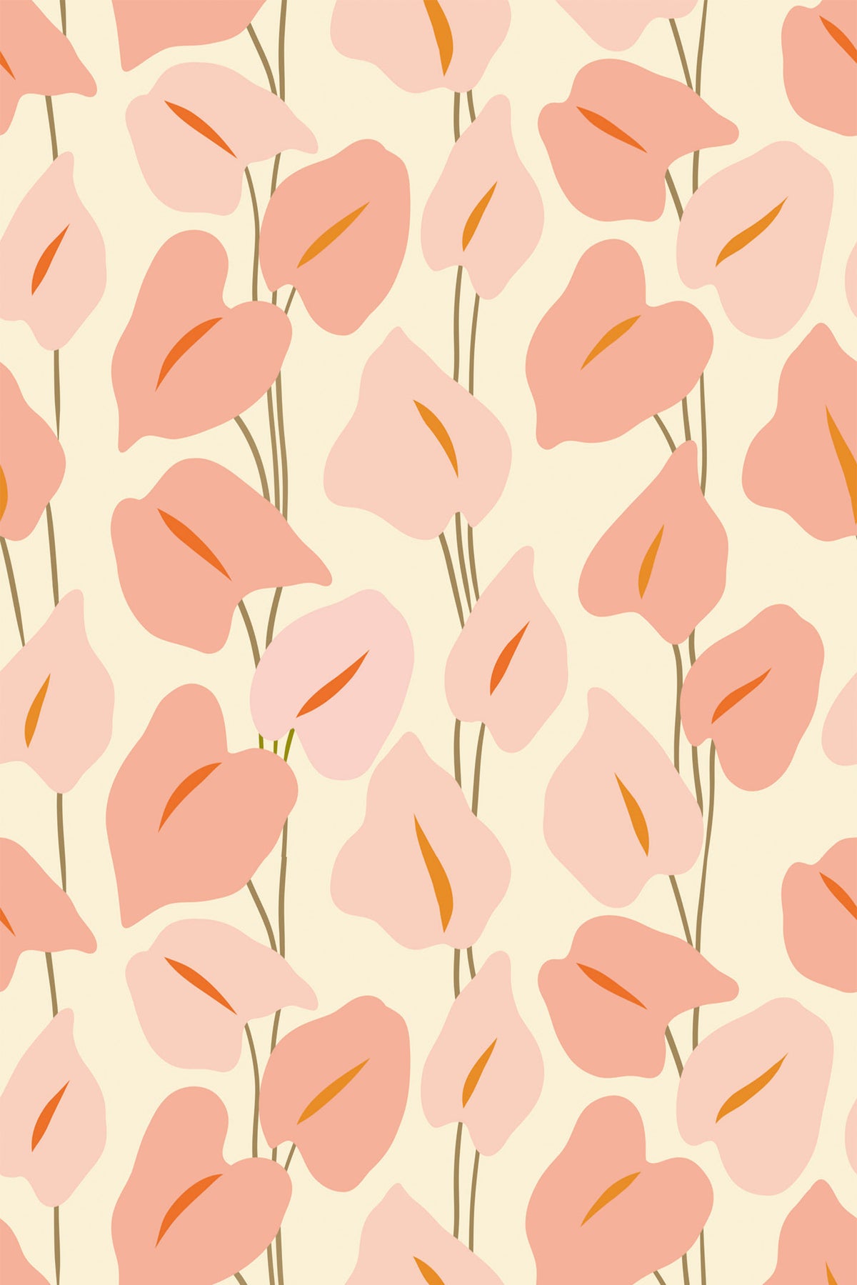 Playful Calla Lilies removable wallpaper with peach-pink calla lily blooms and orange centers on cream.