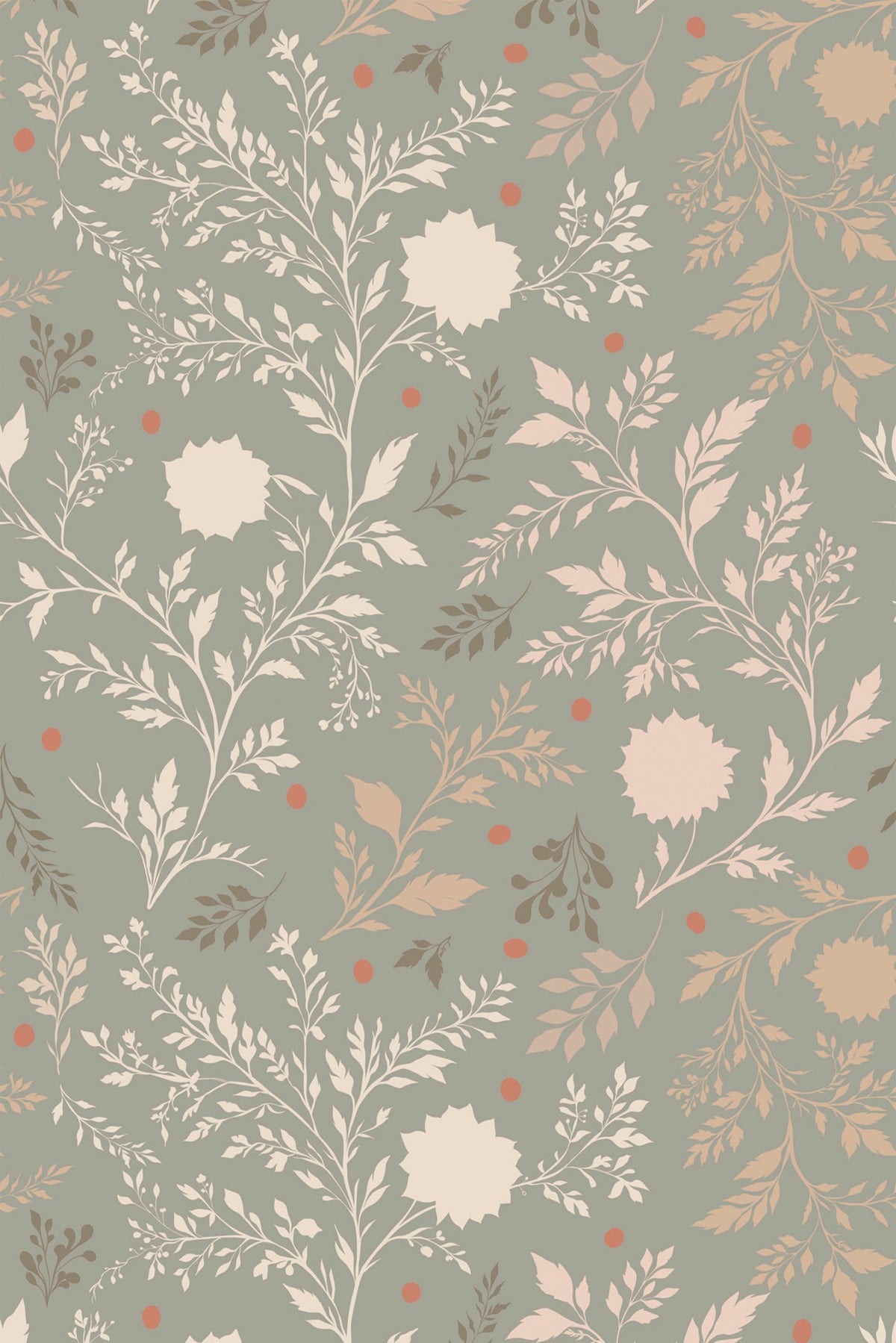 Delicate Floral Sprigs removable wallpaper with pale floral sprigs on sage green, scattered coral dots.