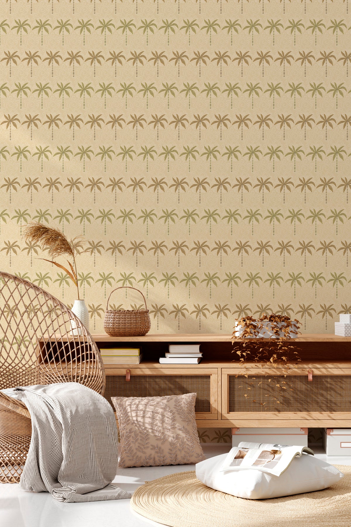 Whimsical Palm Trees grasscloth wallpaper on an interior wall, rows of small palm trees on tan ground.