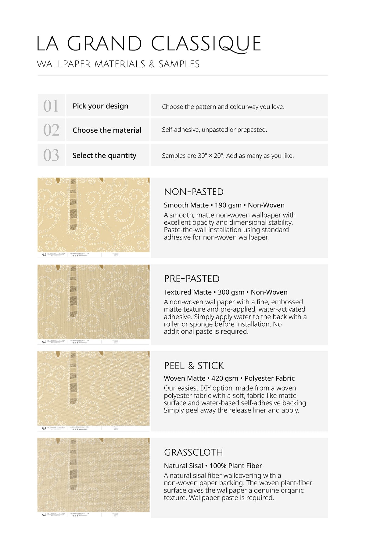 Whimsical Palm Trees wallpaper material options chart showing non-pasted, pre-pasted, peel & stick, and grasscloth.