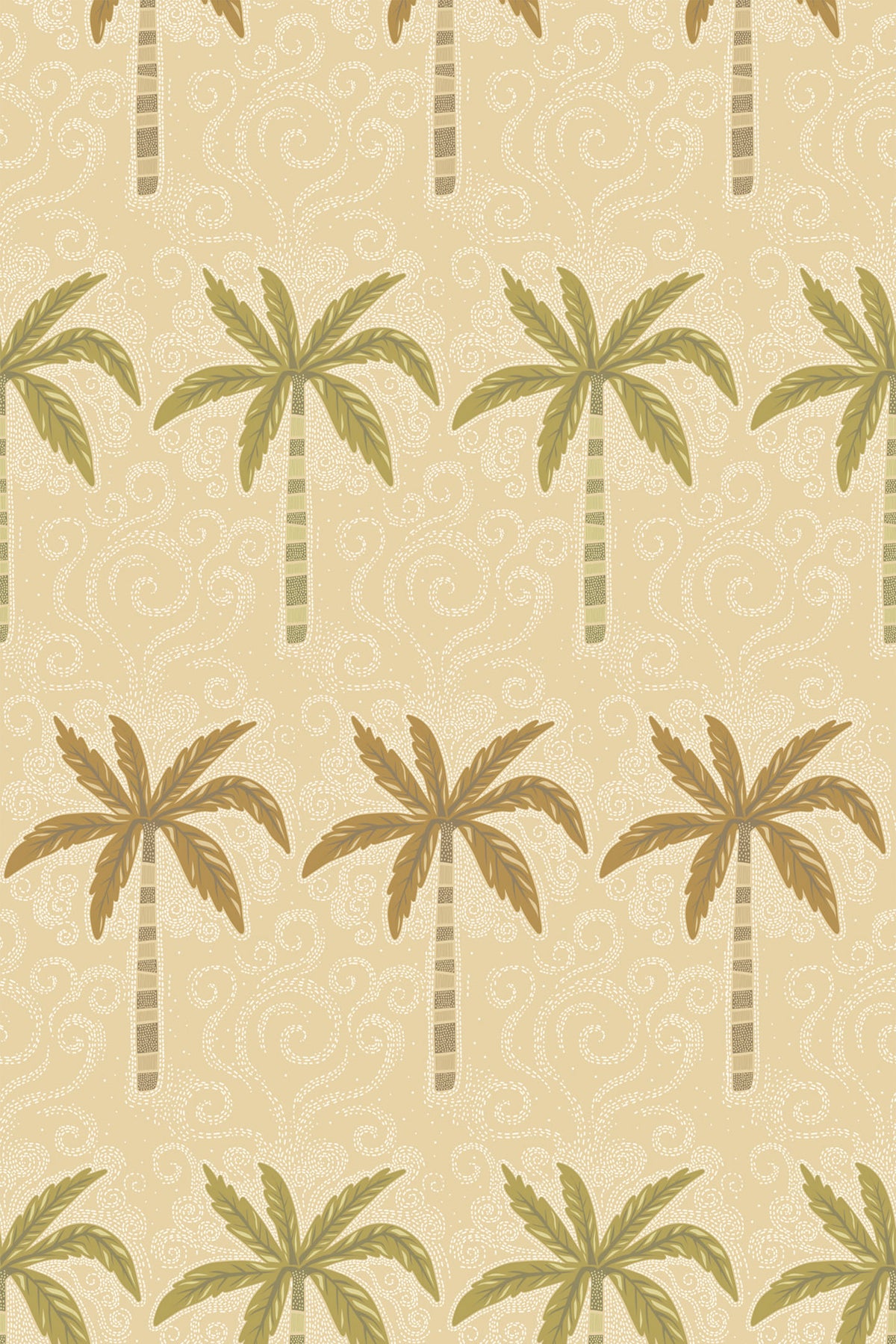 Whimsical Palm Trees removable wallpaper with stylized palm tree repeat on tan, with a white swirling dotted background.