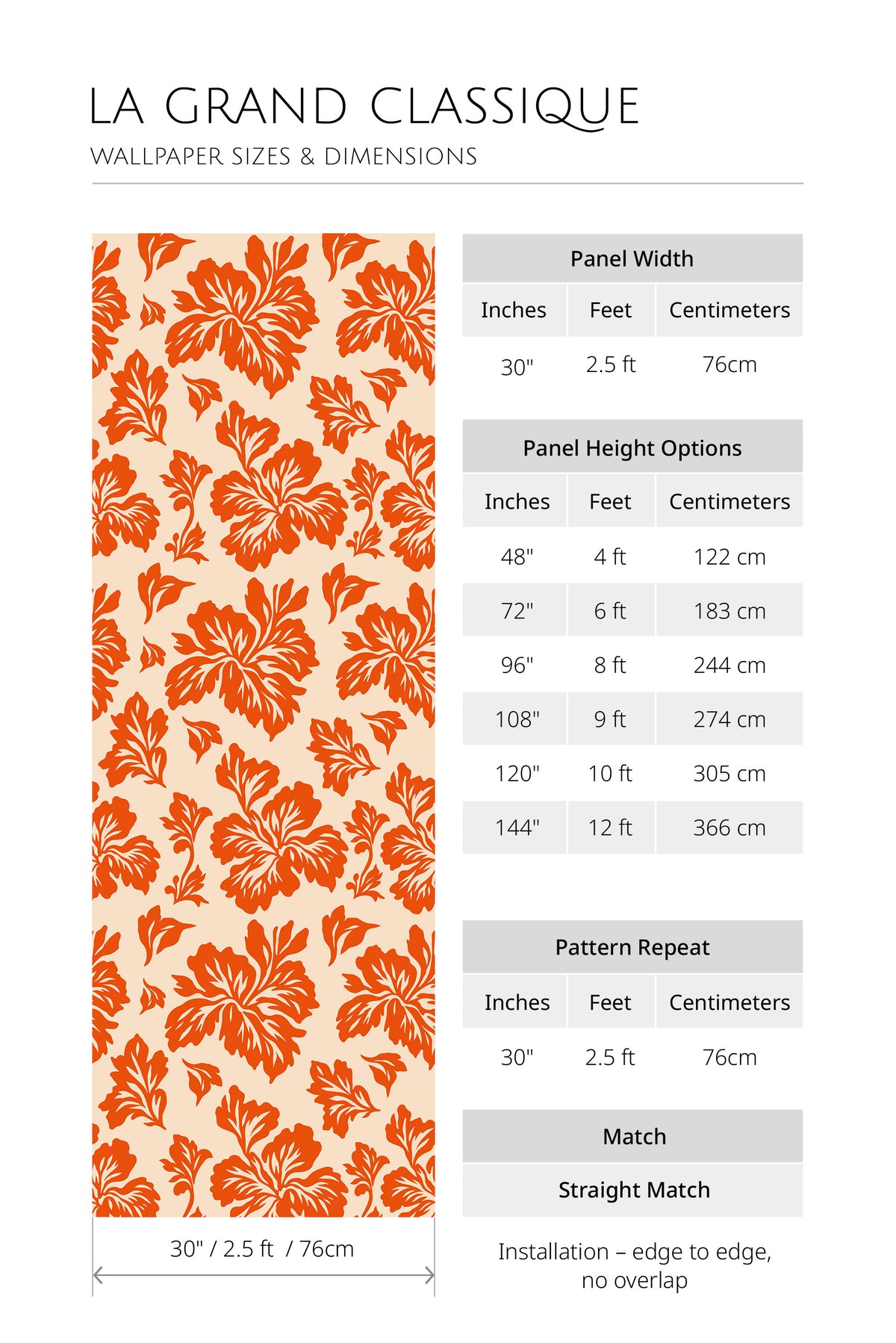 Bold Floral Silhouettes non-pasted wallpaper size chart with 30 in panel width, height options, 30 in repeat, straight match.