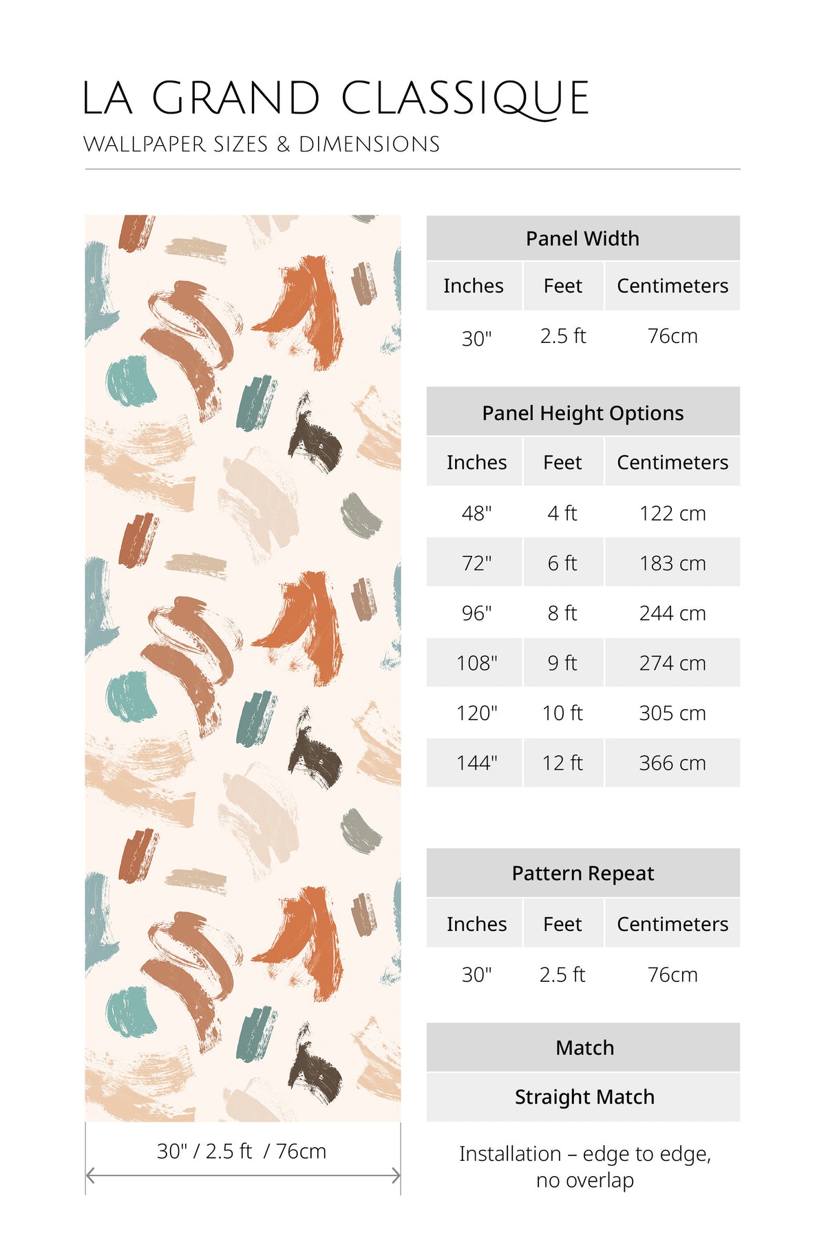 Playful Brush Strokes non-pasted wallpaper sizes and dimensions chart with 30-inch panel width and height options.