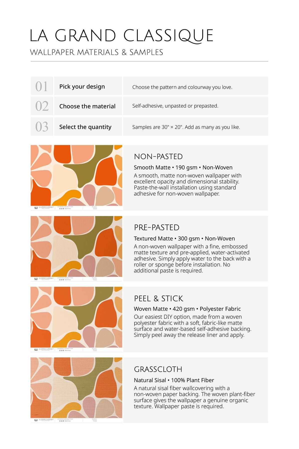 Mosaic Flora wallpaper materials and samples chart comparing non-pasted, pre-pasted, peel-and-stick, and grasscloth.