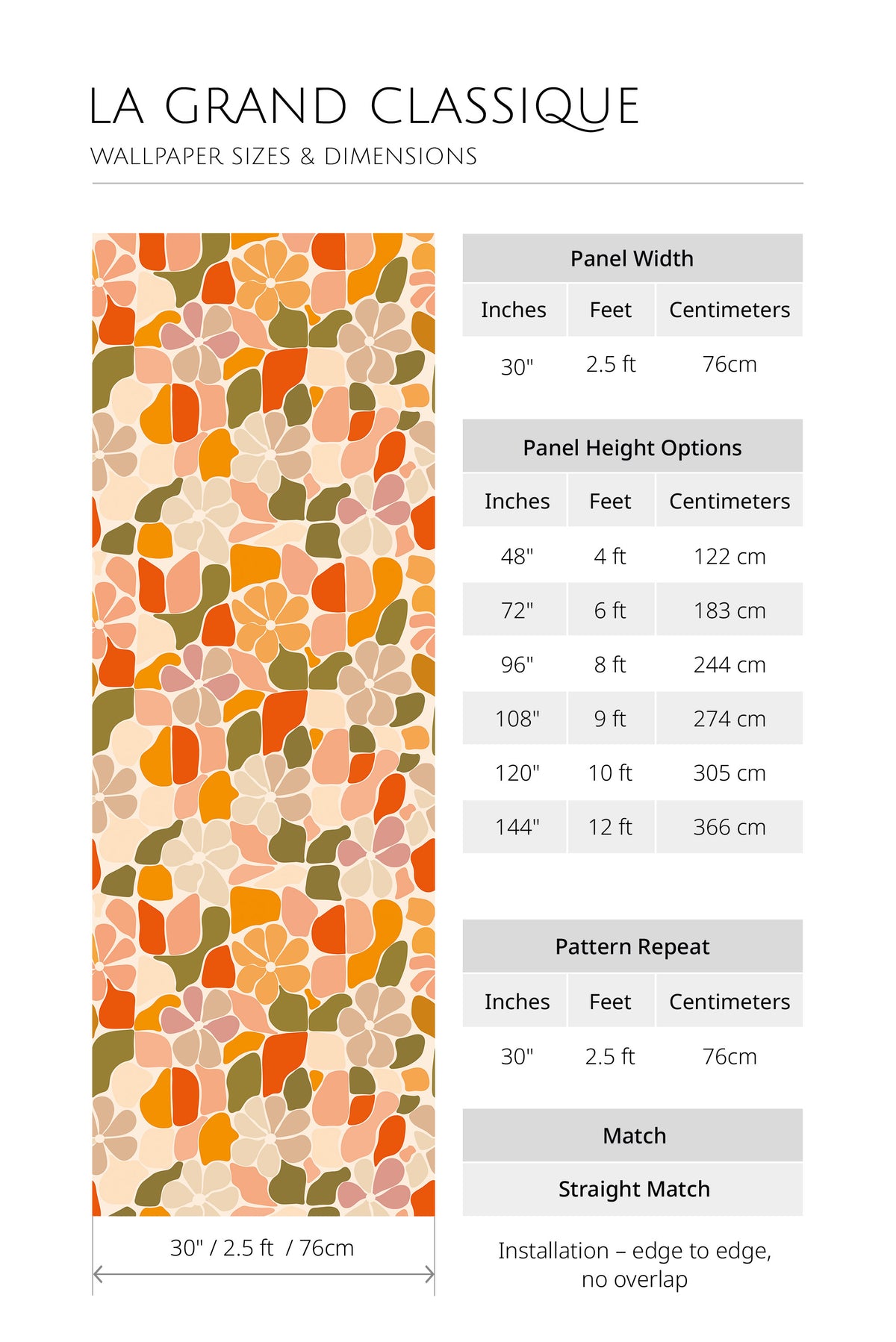 Mosaic Flora non-pasted wallpaper sizes chart with 30 in panel width and height options 48–144 in, straight match.