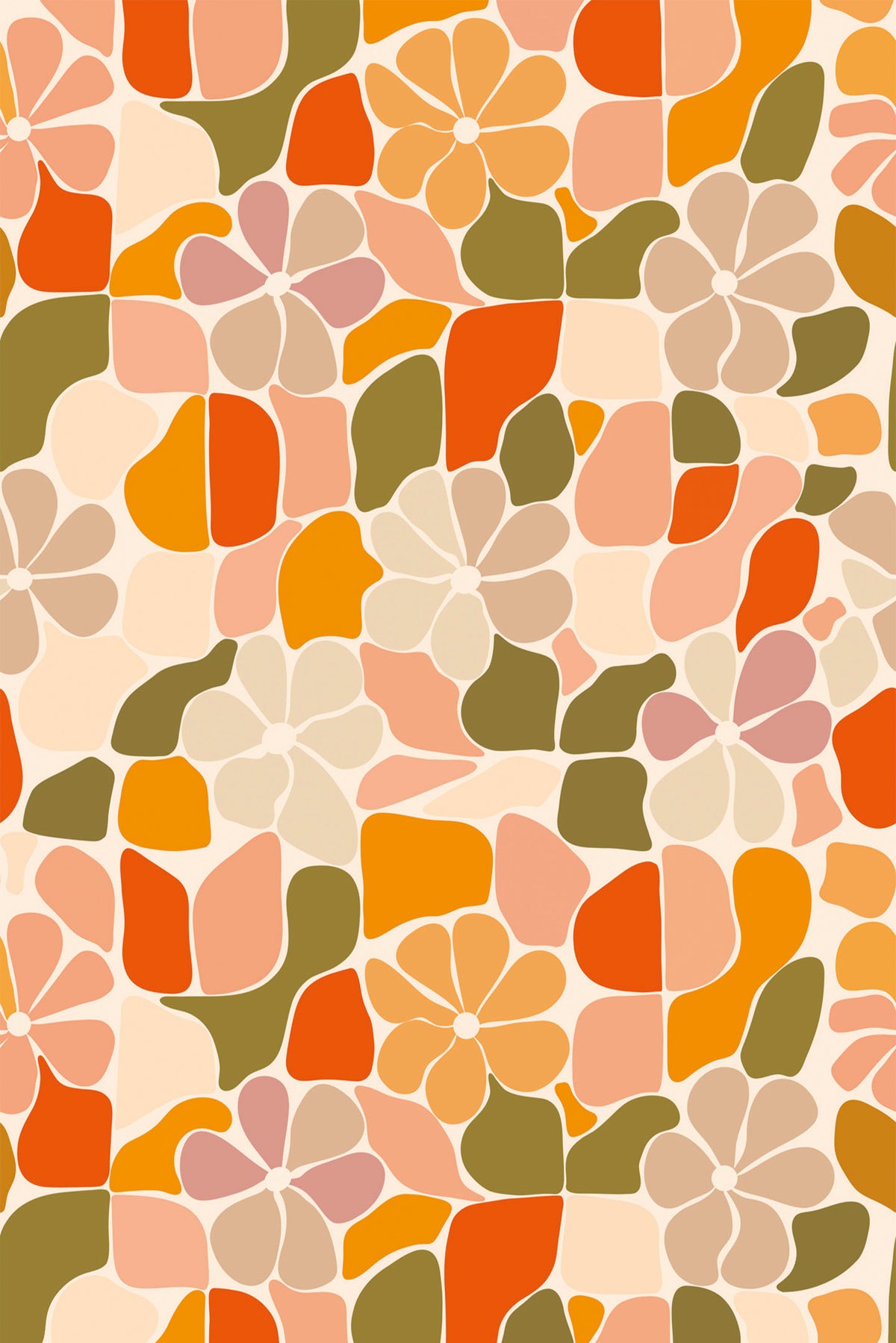 Mosaic Flora removable wallpaper with retro floral mosaic repeat in peach, orange, olive, and cream.