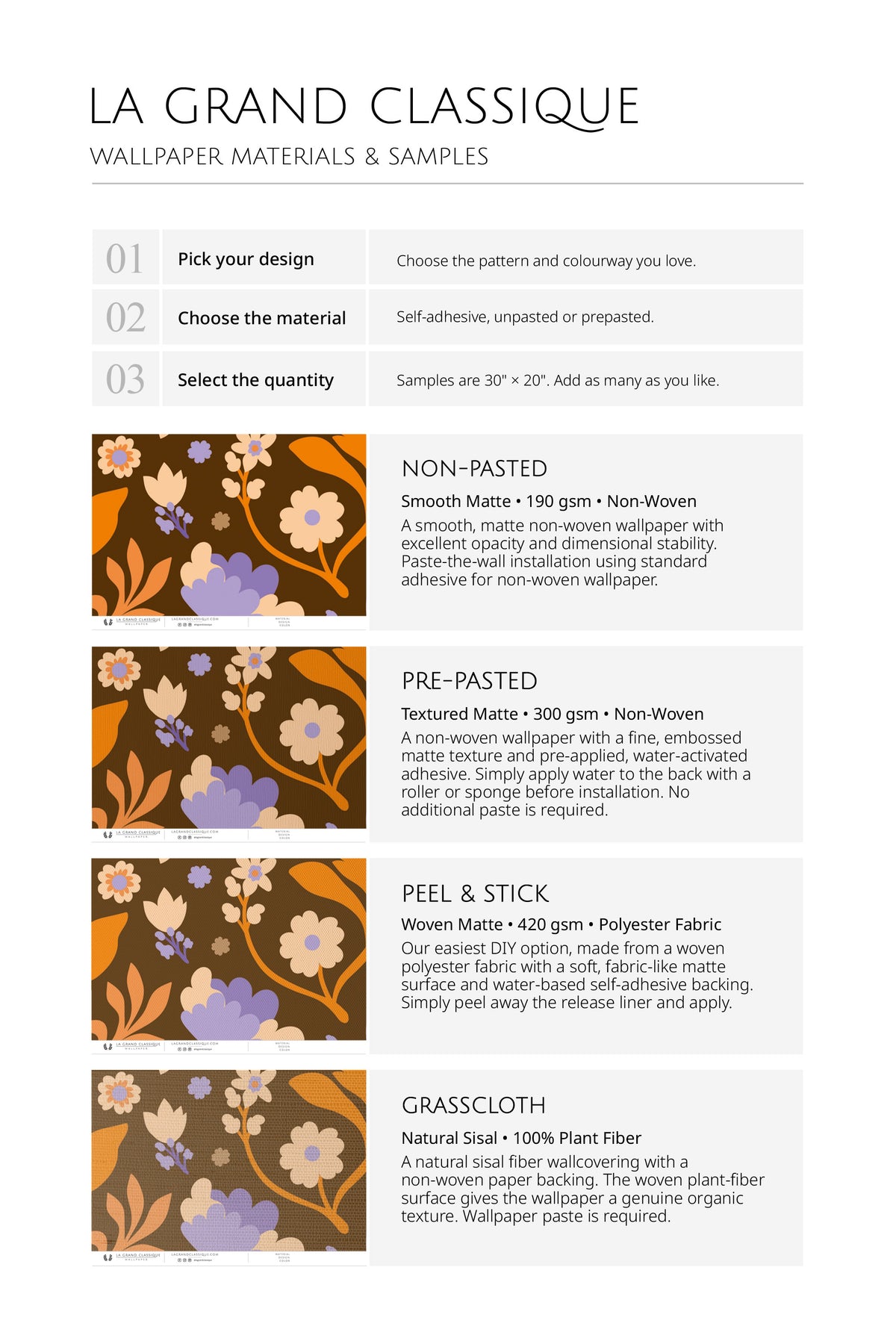 Bold Folk Floral wallpaper materials and samples guide showing non-pasted, pre-pasted, and peel-and-stick options.
