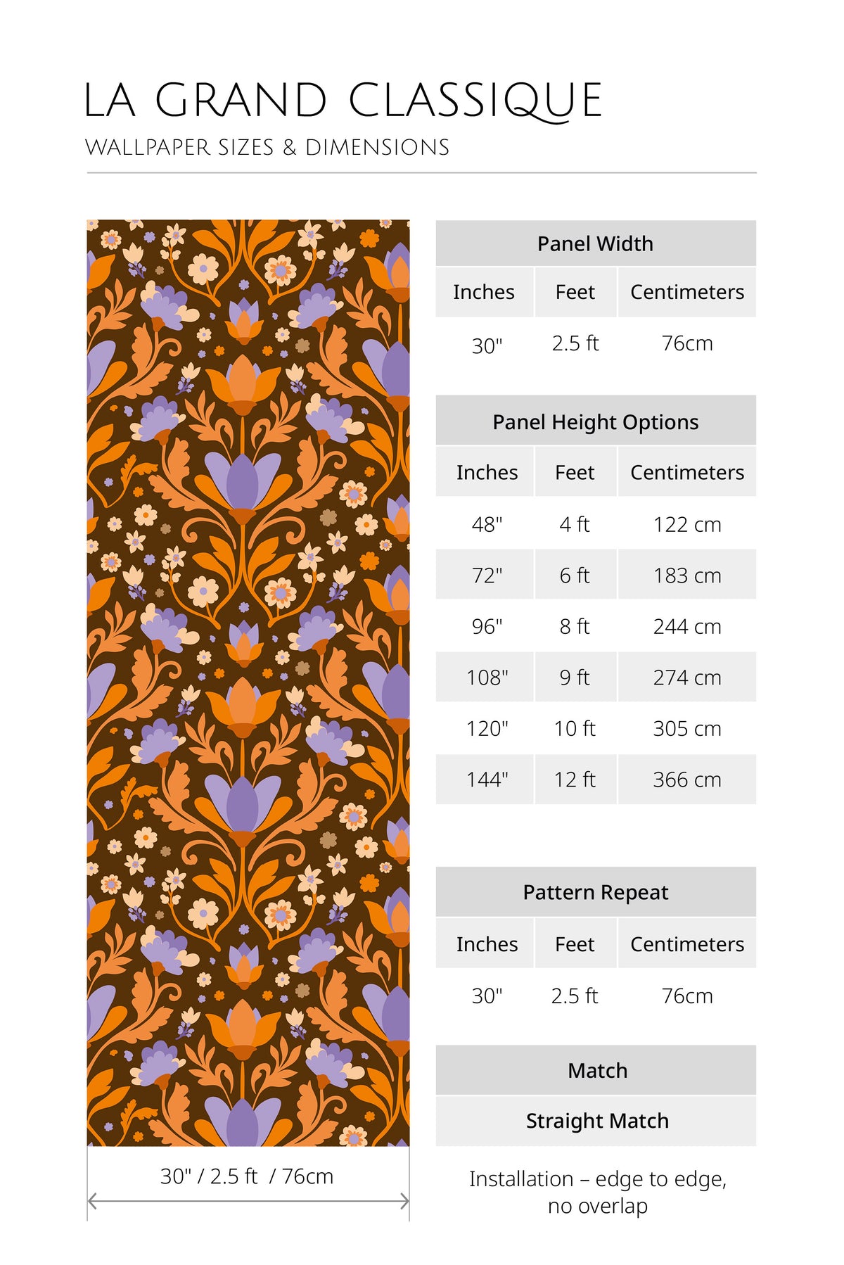 Bold Folk Floral non-pasted wallpaper sizing chart with 30 in panel width, height options, 30 in repeat, straight match.