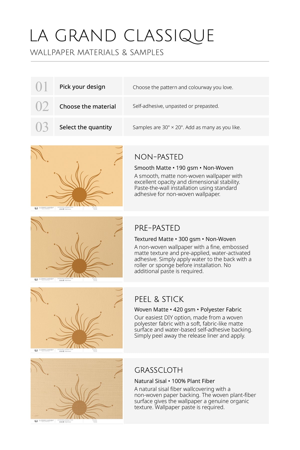 Radiant Sun Motifs wallpaper materials and samples chart showing non-pasted, pre-pasted, peel-and-stick, and grasscloth.